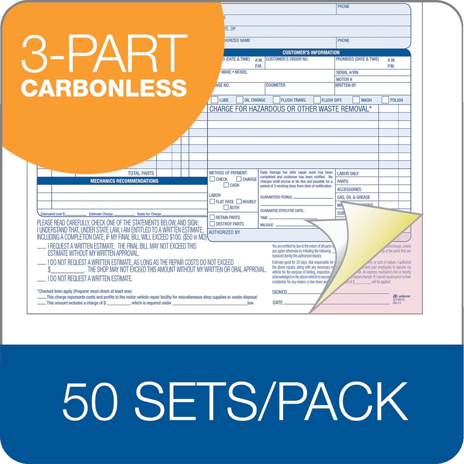 Adams 50 Pack Auto Repair Order Forms Carbonless 3 Part White Canary 8X7 In