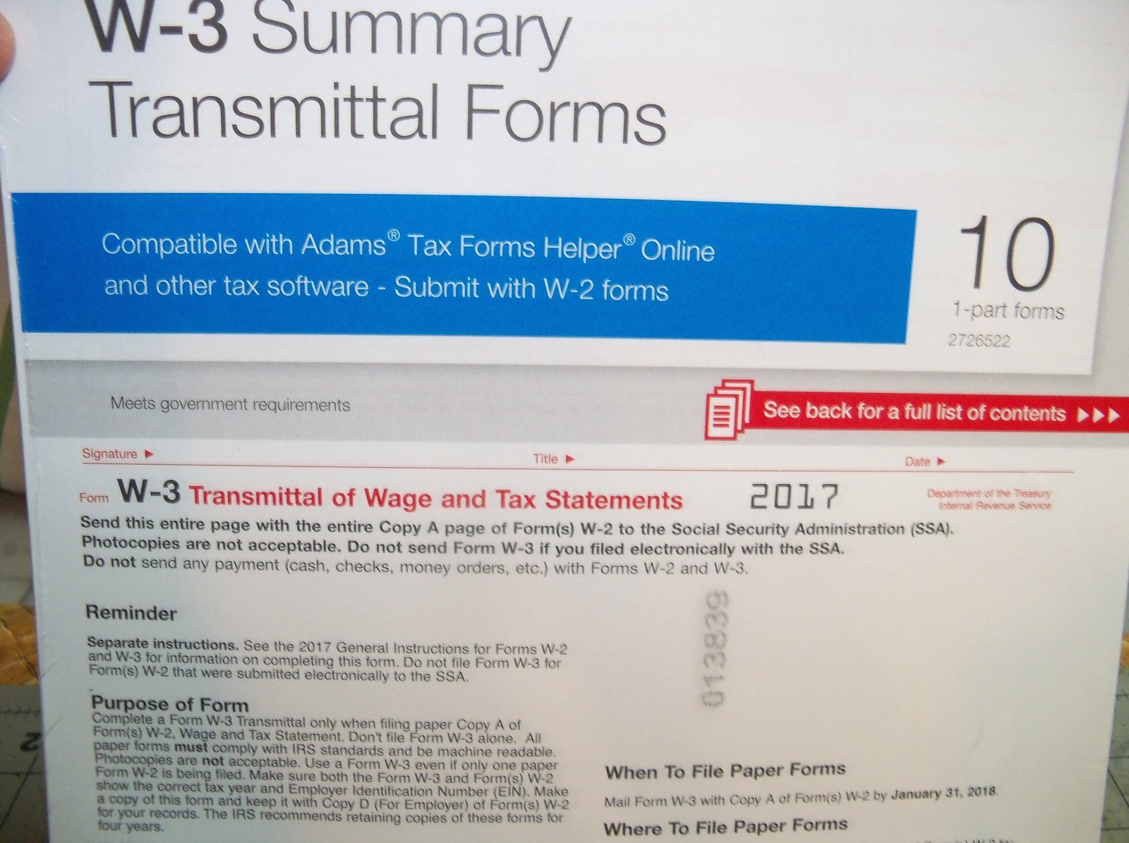 2017 Staples W-3 Summary Transmittal Forms 10 1-part Forms per Package USA