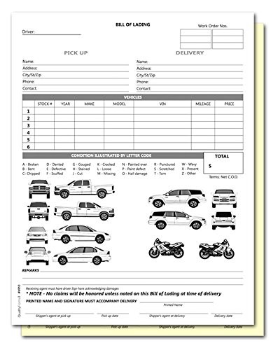 2 Part Vehicle Transport Bill of Lading Form White/Yellow