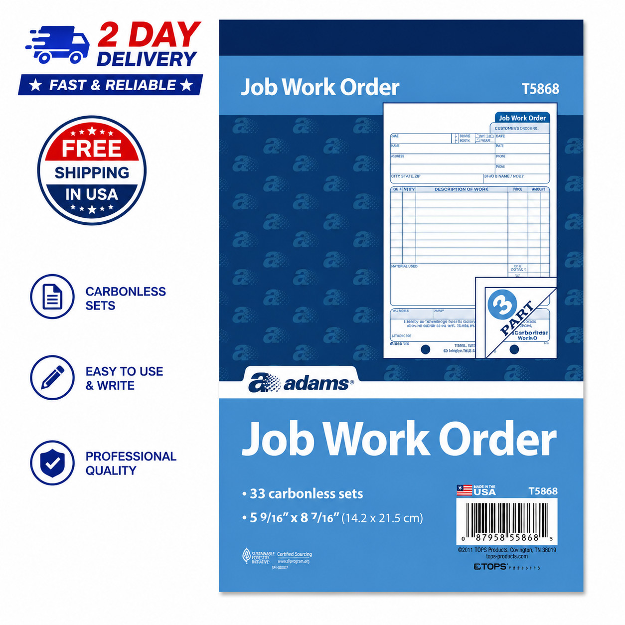 Adams Job Work Order Book, 3-Part Carbonless, 33 Sets, White 5-9/16″ X 8-7/16″