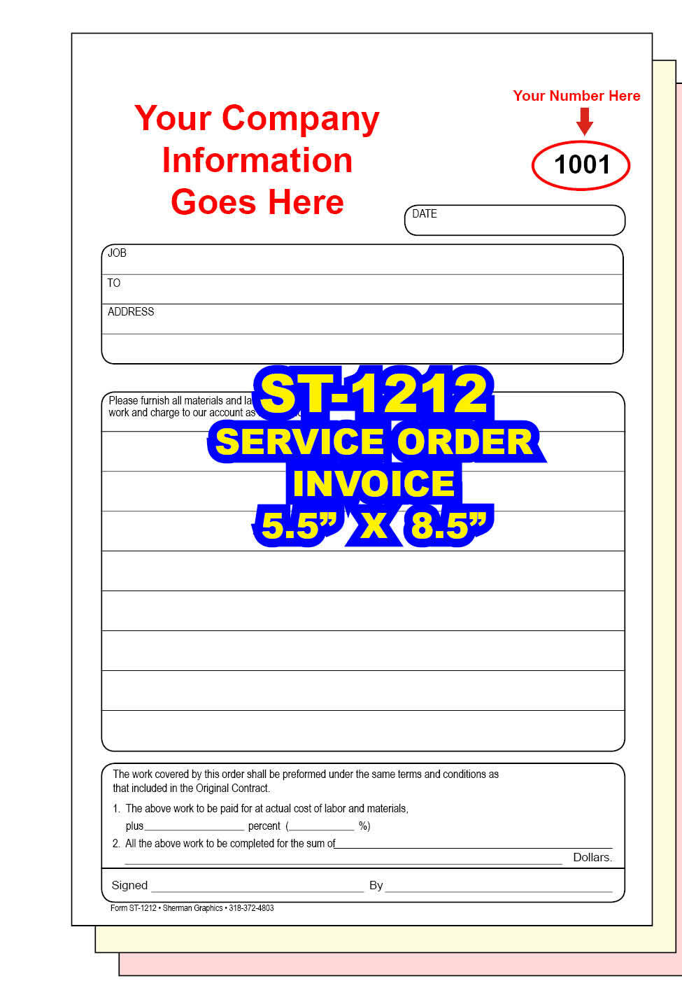 JOB SERVICE WORK ORDER / REPAIR INVOICE 2 or 3 Part Carbonless