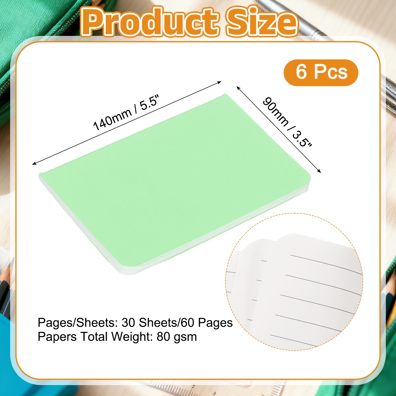 6 Pack A6 Notebook, A6 Journal Mini Notebook Pocket Kraft,Light Green