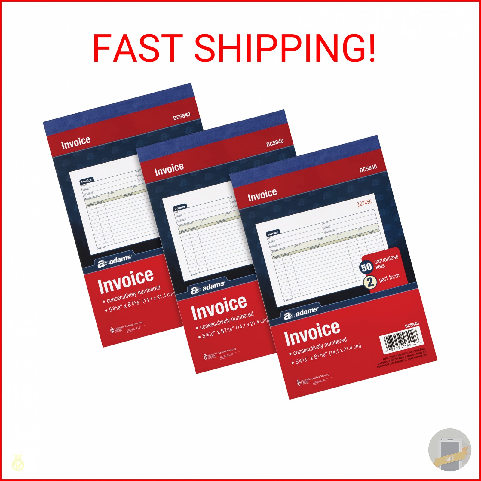 Adams Invoice Book 3 Pack, 2 Part Carbonless Invoices, Horizontal Sales Slip, 5-