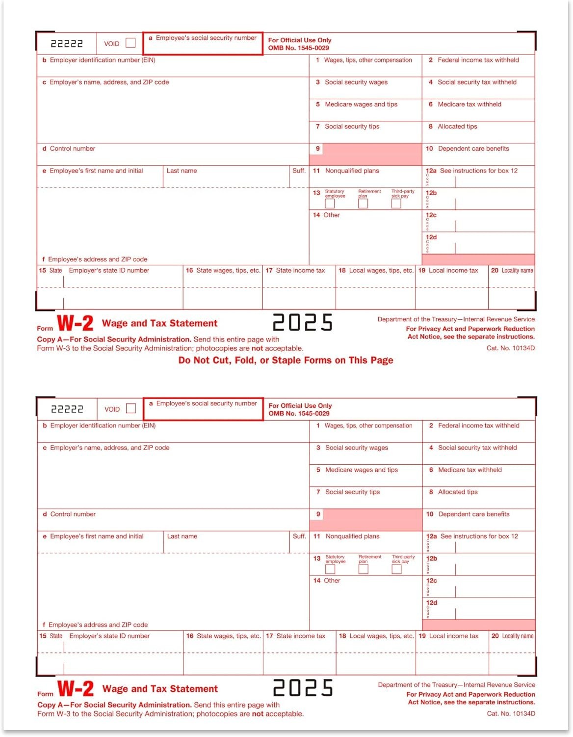2025 W2 Tax Forms Kit with Envelopes – 25 Employee Set with W3 Forms