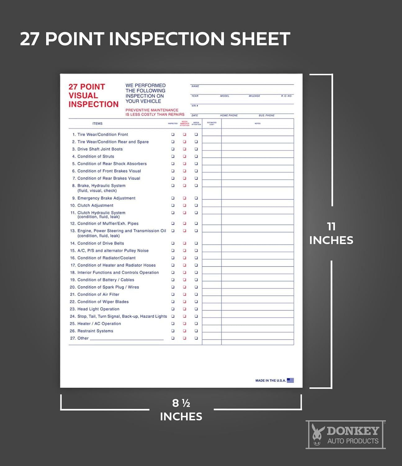 27 Point Inspection Sheet – Vehicle Inspection Form – 100 Pack