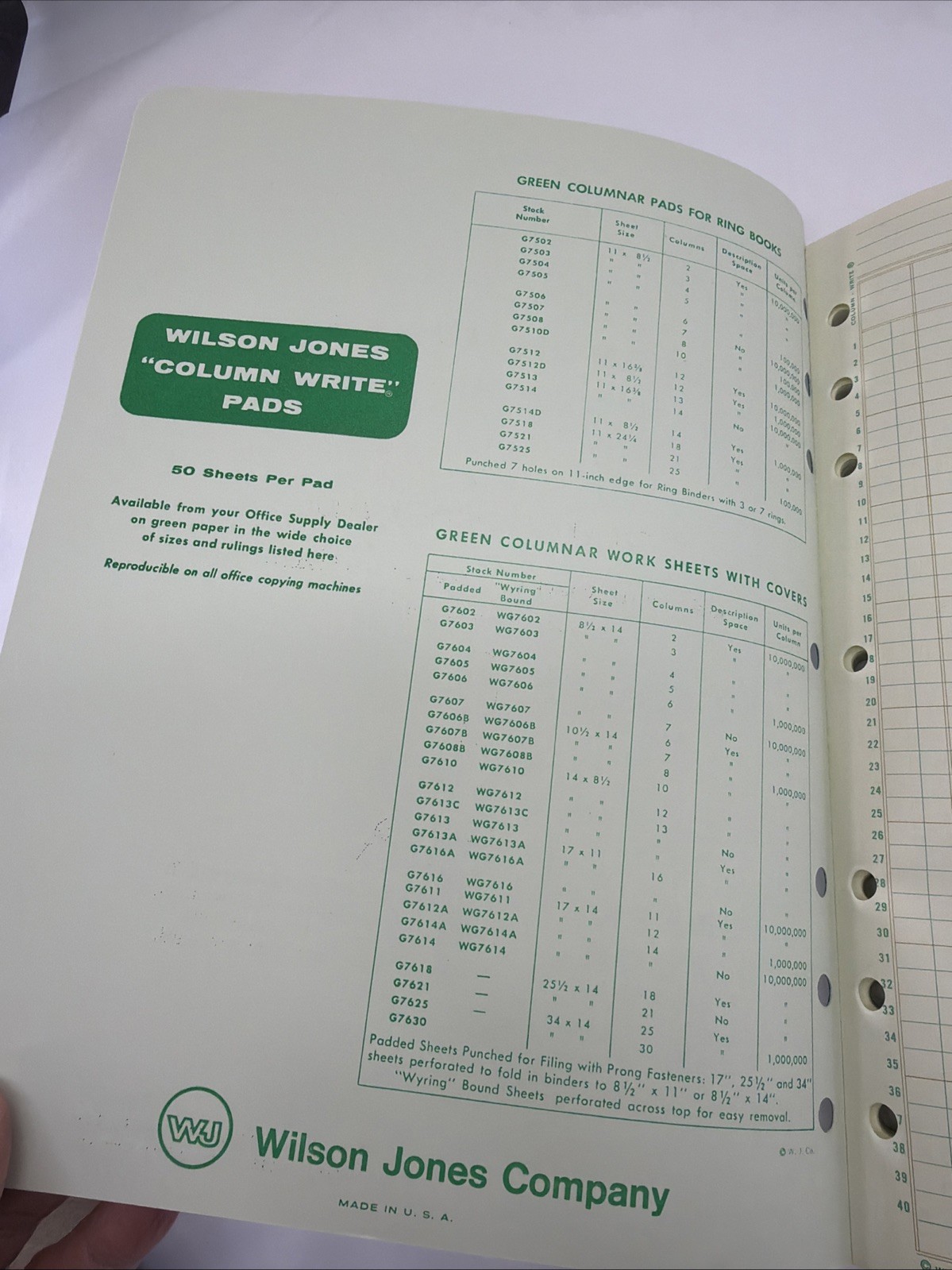 1968 Wilson Jones Write Columnar Pad Green G7506 6 Columns Accounting Ledger