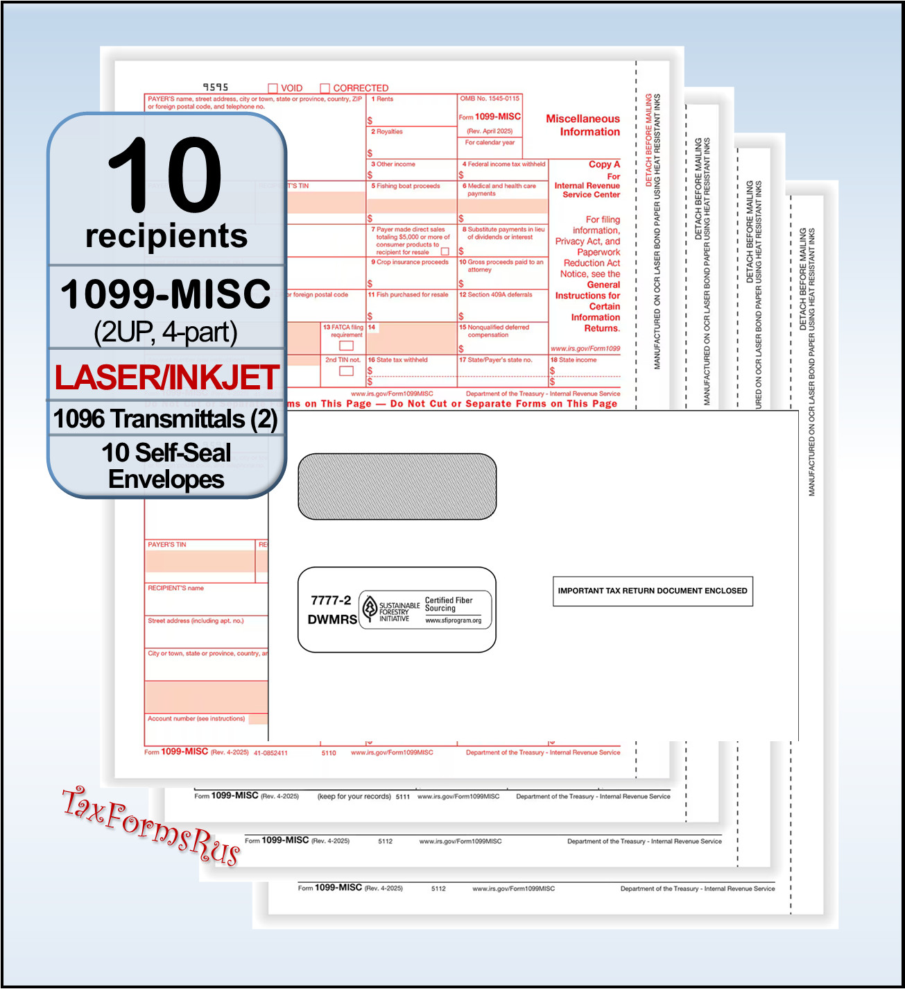 2025 IRS TAX FORMS KIT: 1099-MISC for 10 recipients + envelopes + (2) 1096 LASER