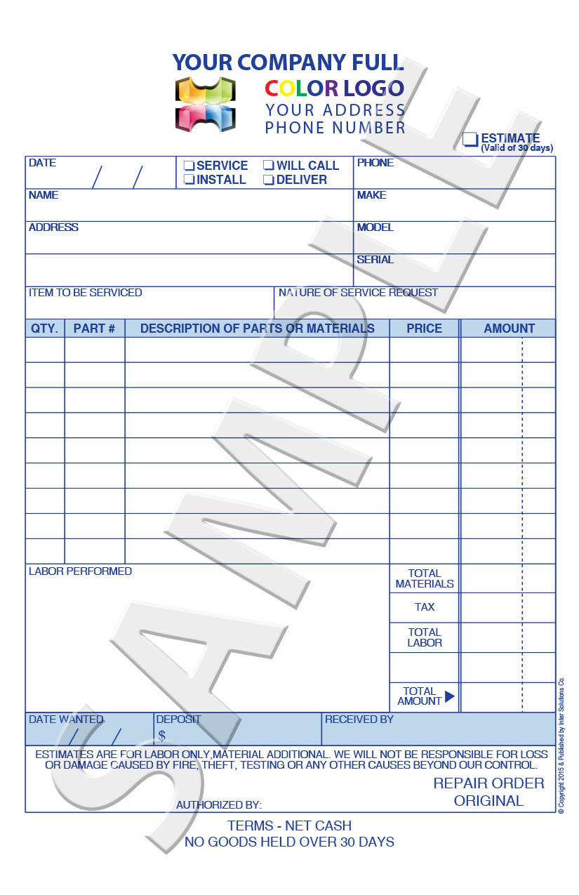 250 Color Carbonless Customized Job Repair Work Order Report Form