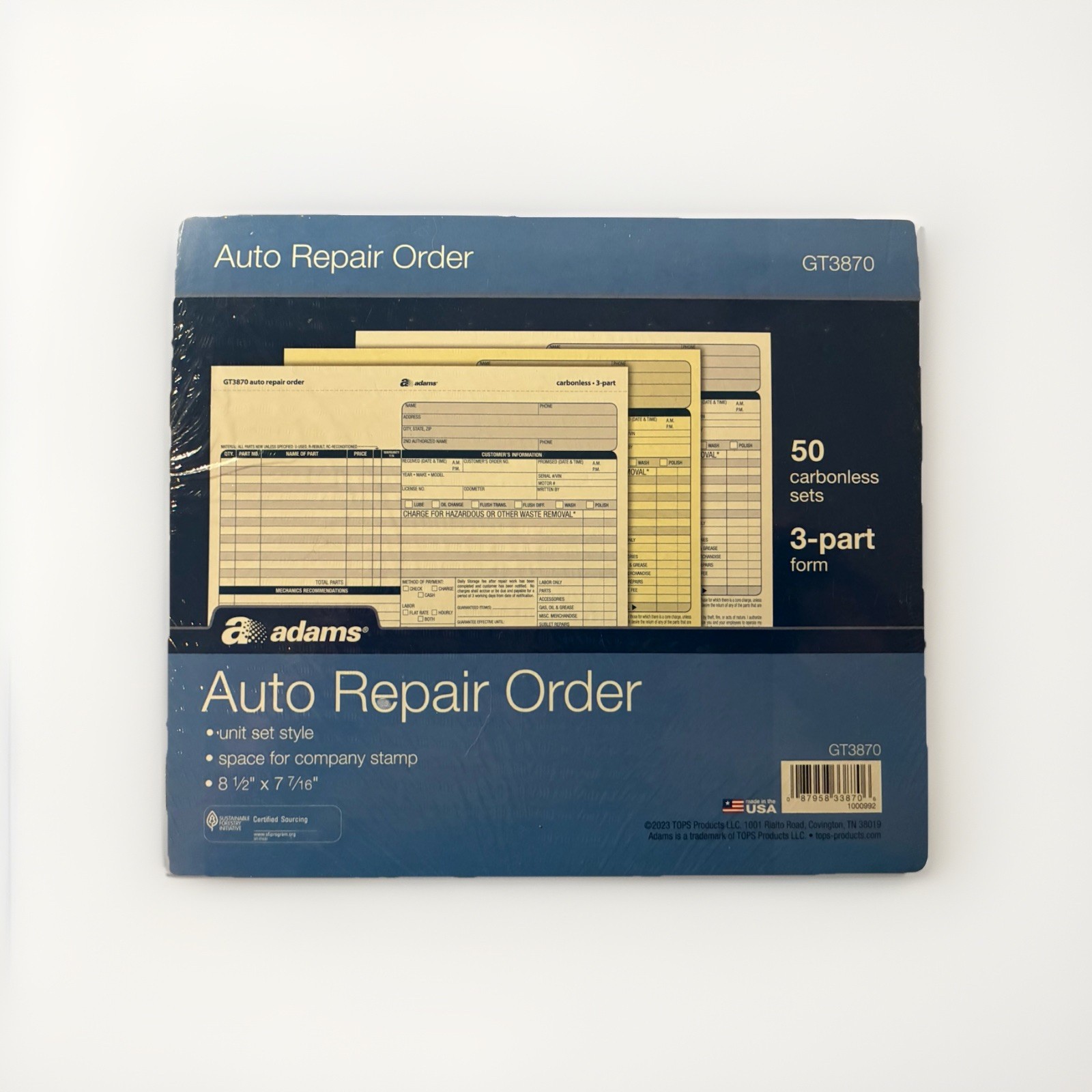 Adams GT3870 8.5 in x 7.44 in Repair Order Form Invoices – 50 Count
