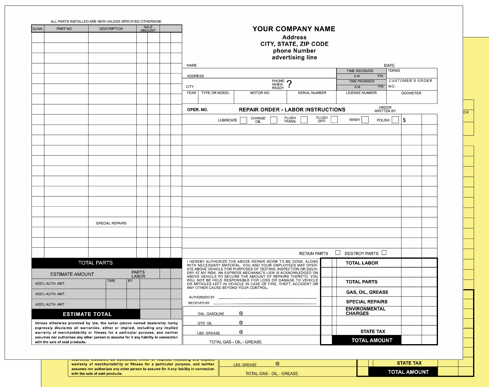 Automotive Repair -2part NCR Auto Shop Work Order Quality Custom Print Invoice