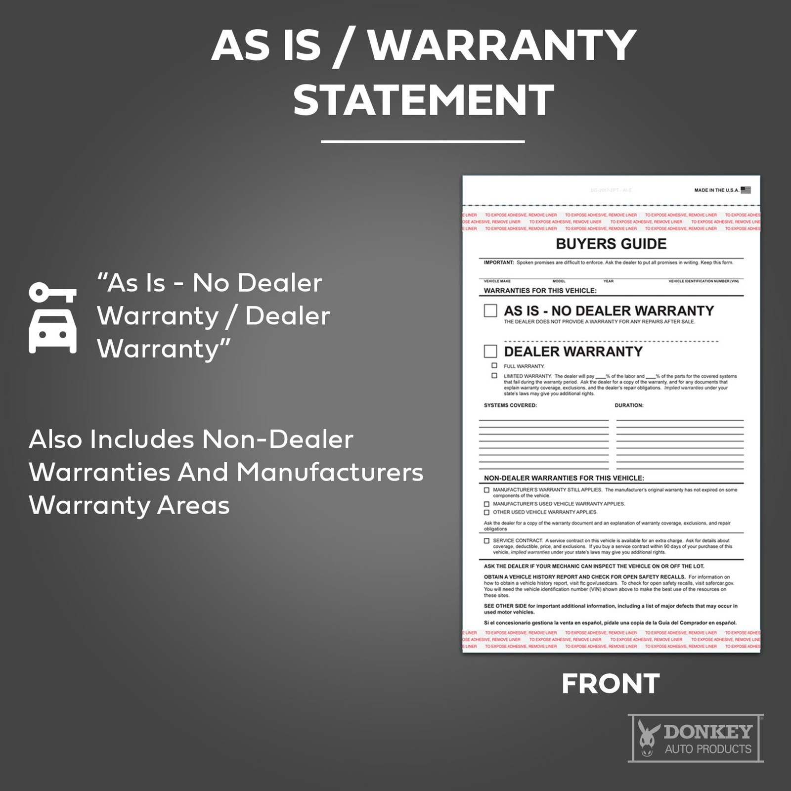 Donkey Auto Products 2 Part Buyers Guide Form – Adhesive Tape – English – As is