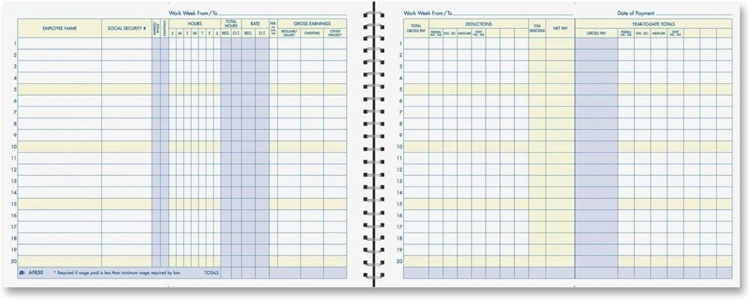 Adams Weekly Payroll Record, 20 Employee Capacity, Spiral Binding, 11 x 8.5