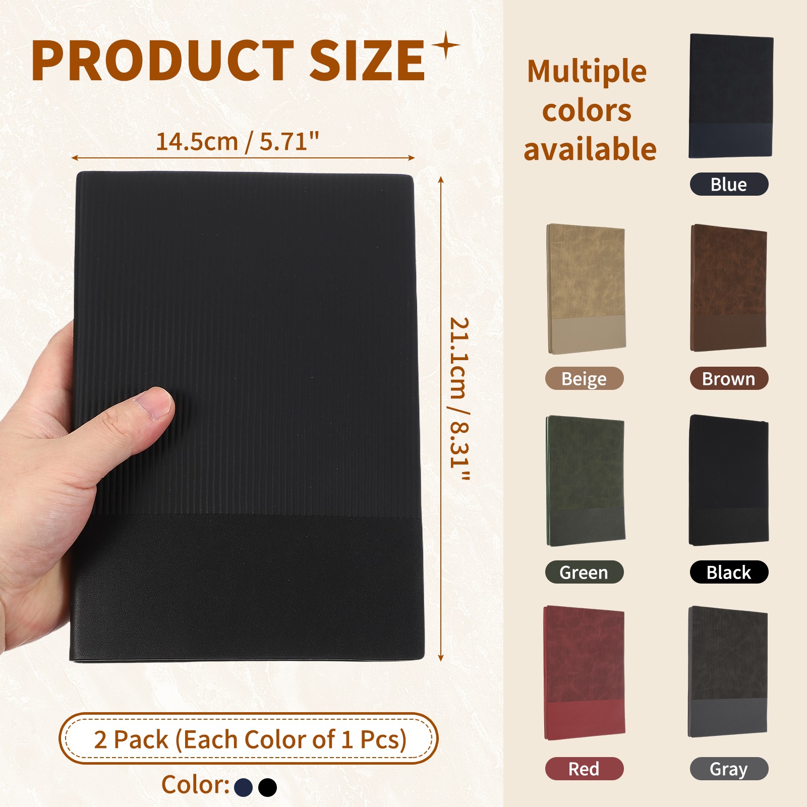 2Pack Hardcover Leather Lined Note Book, 100 Pages 8.3×5.7″ A5, Black/Blue