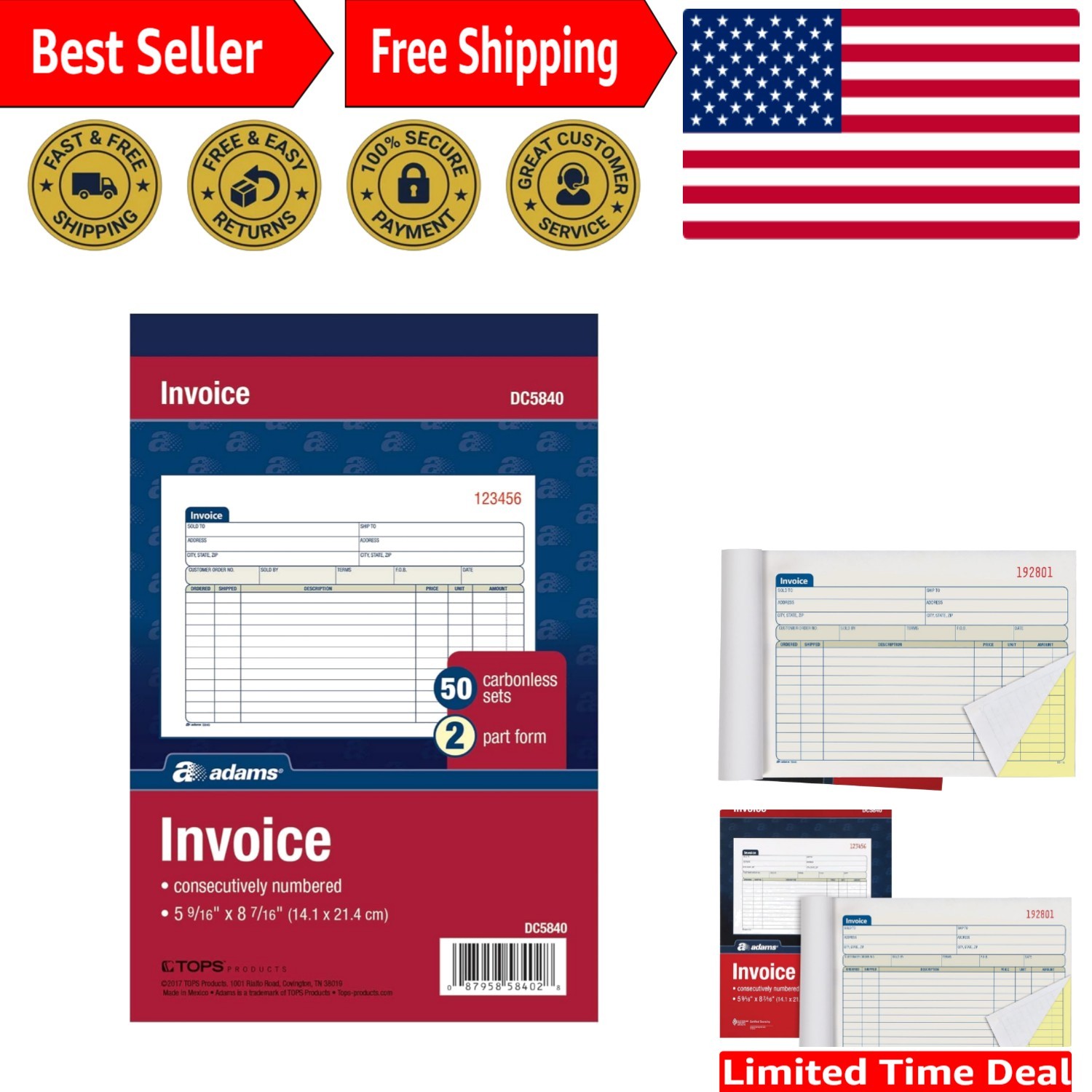 Invoice Book, 2-Part, Carbonless, 5-9/16 x 8-7/16 Inches, 50 Sets per Book