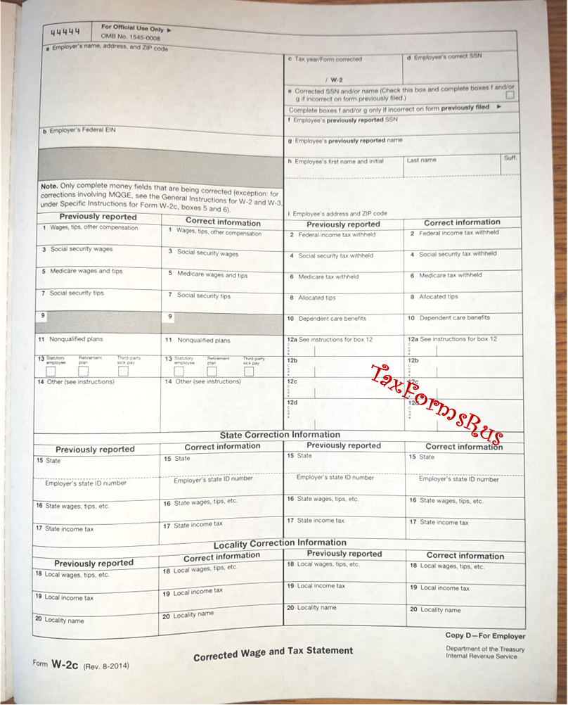 Official IRS Tax Form W-2c Corrected Wage/Tax Stmt, single sheet for 1 employee