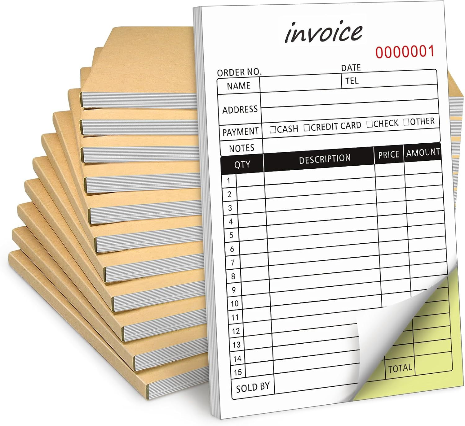 10 Pack Receipt Book, 2-Part Carbonless Sales Invoice Book with Cardboard Copies