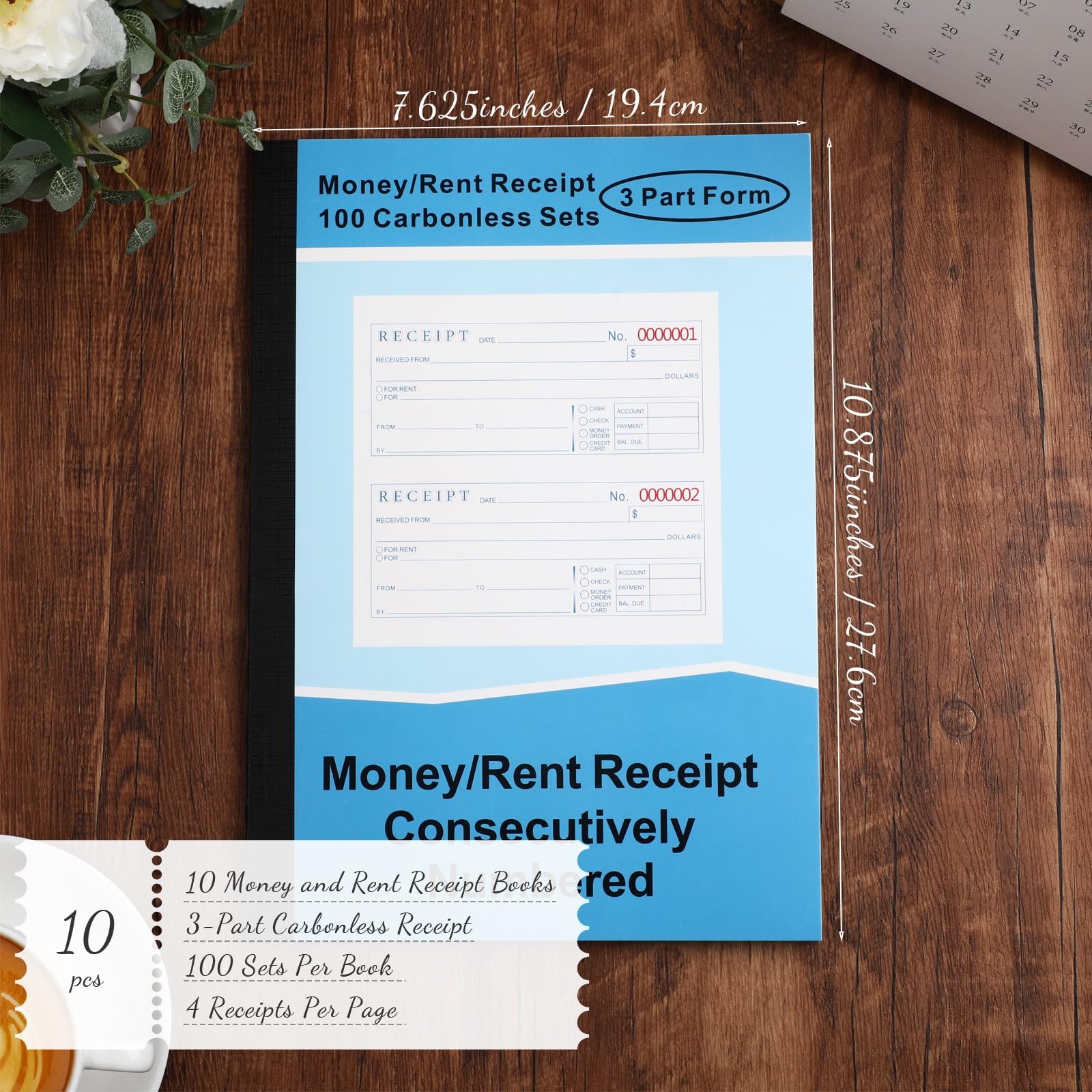 10 Sets Money and Rent Receipt Book 3 Part Carbonless, 7-5/8″ x 10-7/8″ Bound…