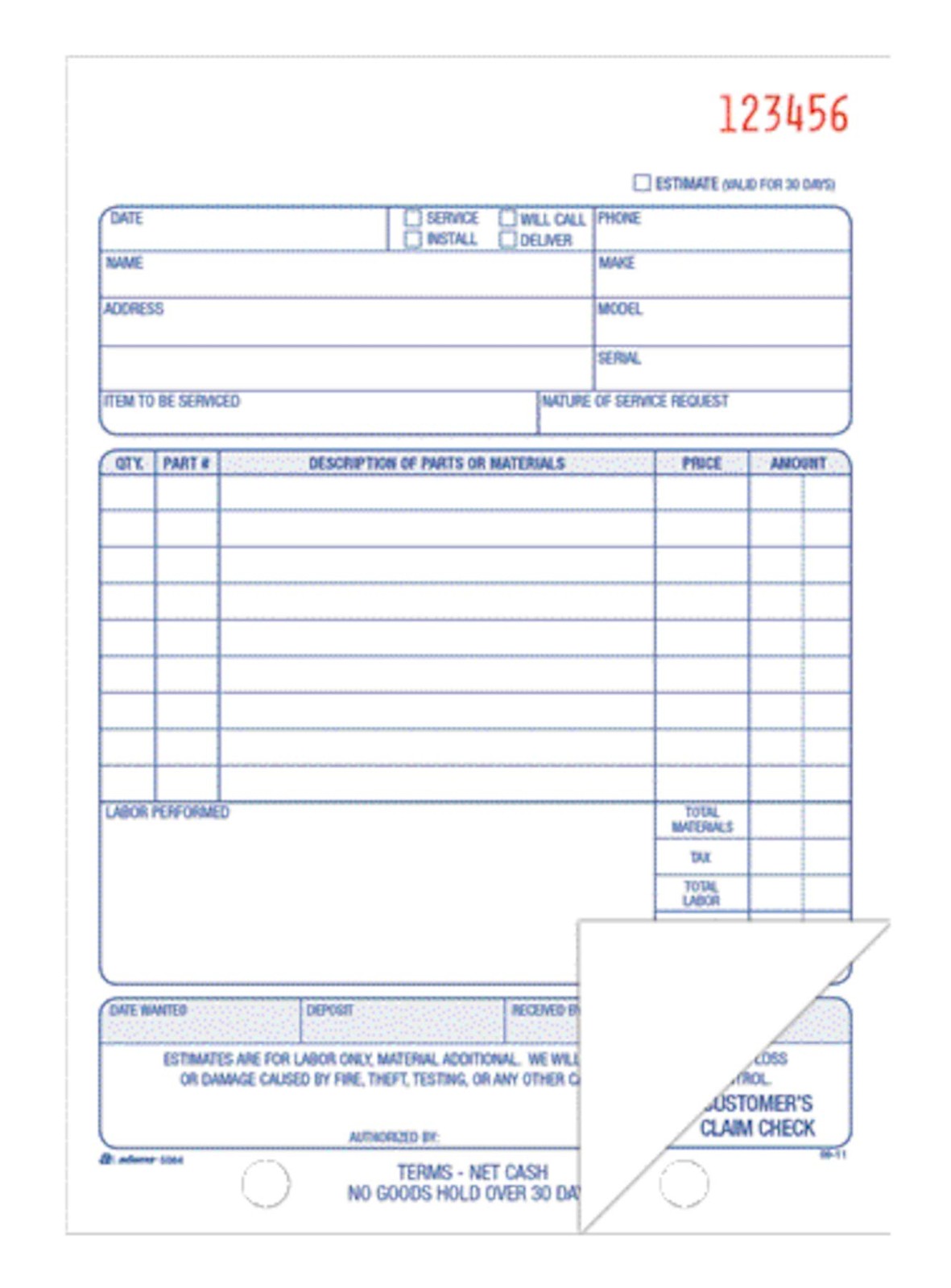 Adams Repair Order Book, Carbonless, 2-Part, White/White, 50 Sets, White