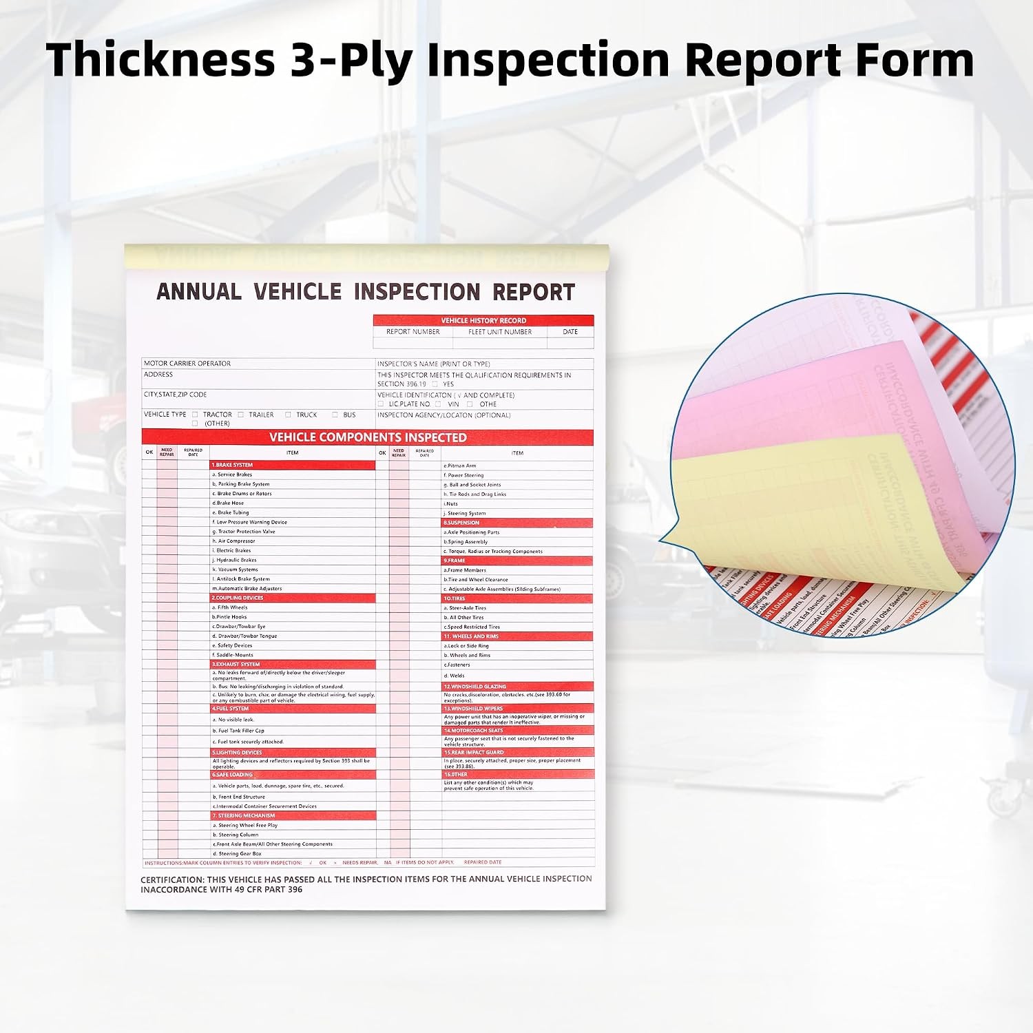 15 Pack 3 Ply Annual Vehicle Inspection Report with Hardboard Clipboard