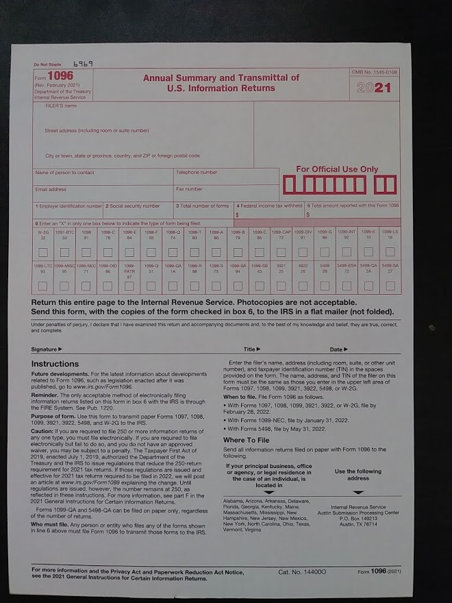 2021: 5 SHEETS 1098 IRS Mortgage Interest Statement & 3=1096 Transmittal Forms