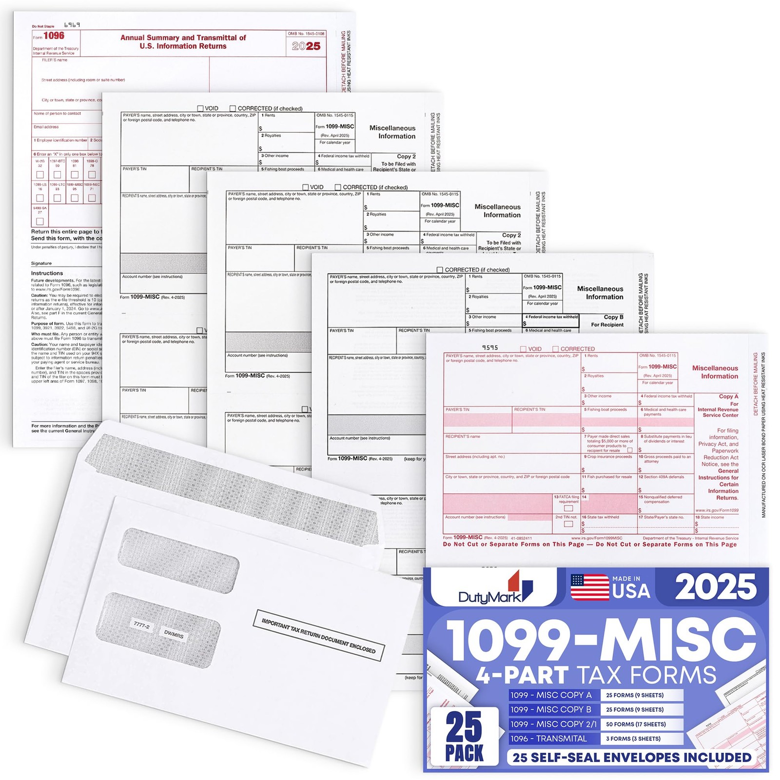DuryMark 1099 Misc Tax Forms 2025 with Envelopes, 25 Vendor Kit for 4 Part Ta…