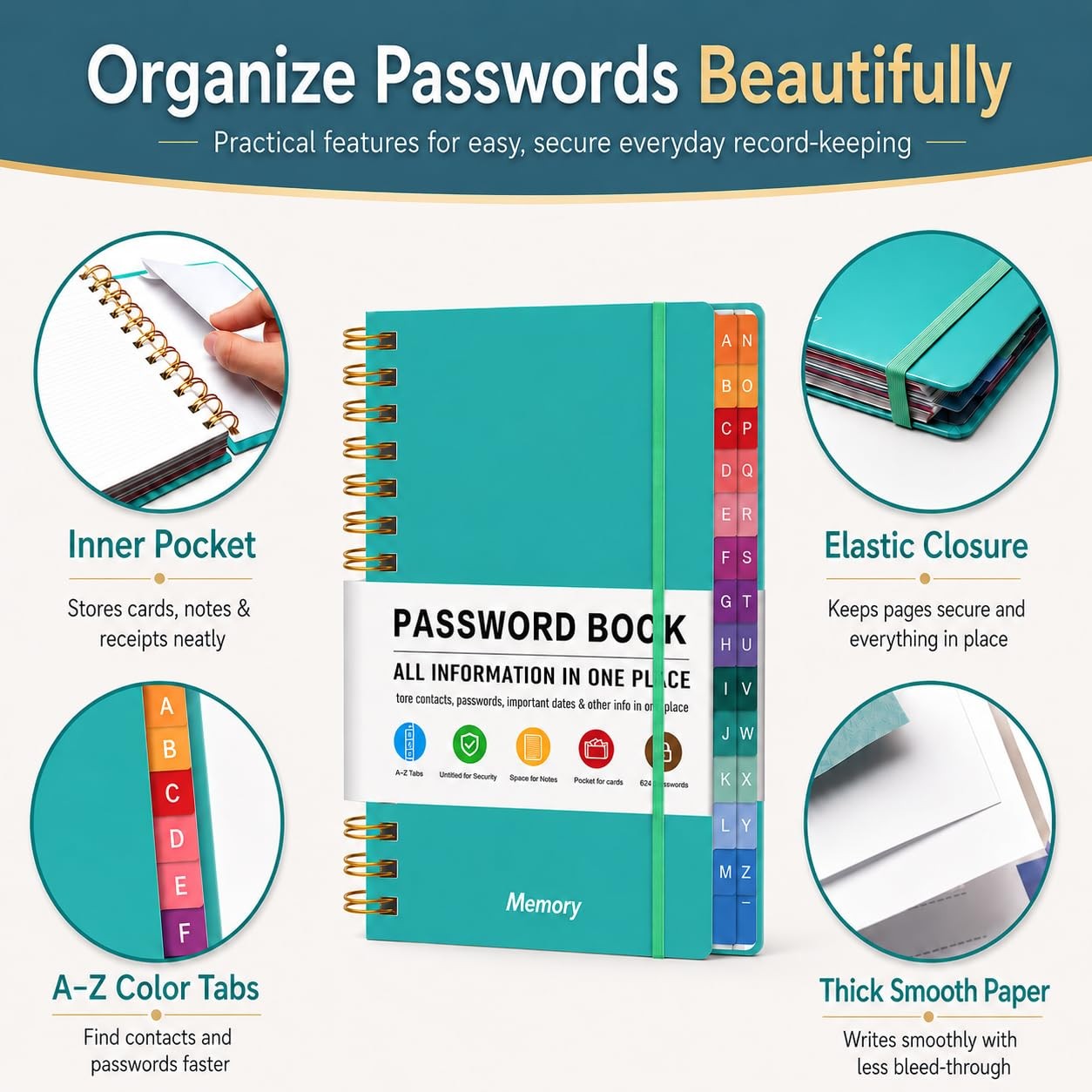 Password Book with Colorful Alphabetical Tabs A5 (5.8″ X 8.2″), Green Purple