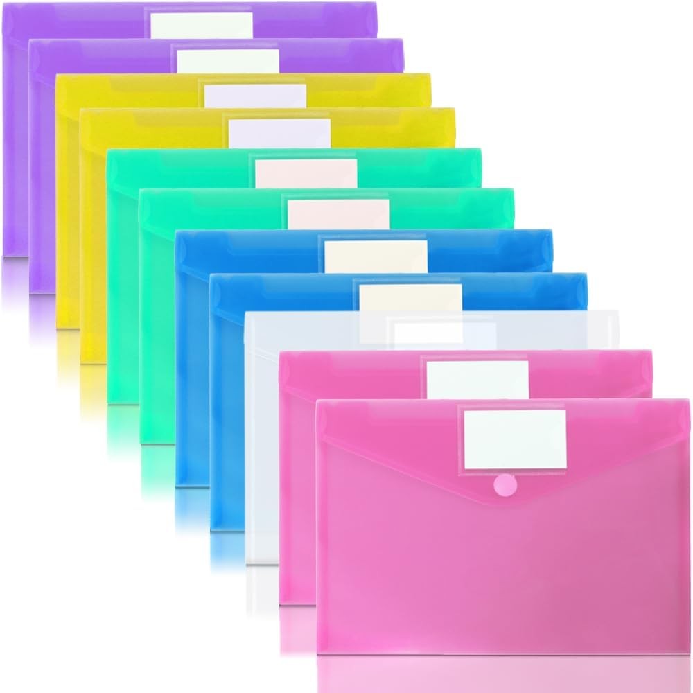 11 Pack Plastic Poly Filing Envelopes, Clear Document Folders US Multicolor