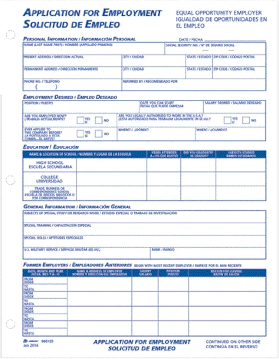 Employee Application Pad, English/Spanish, 50 Forms, 2-Pack