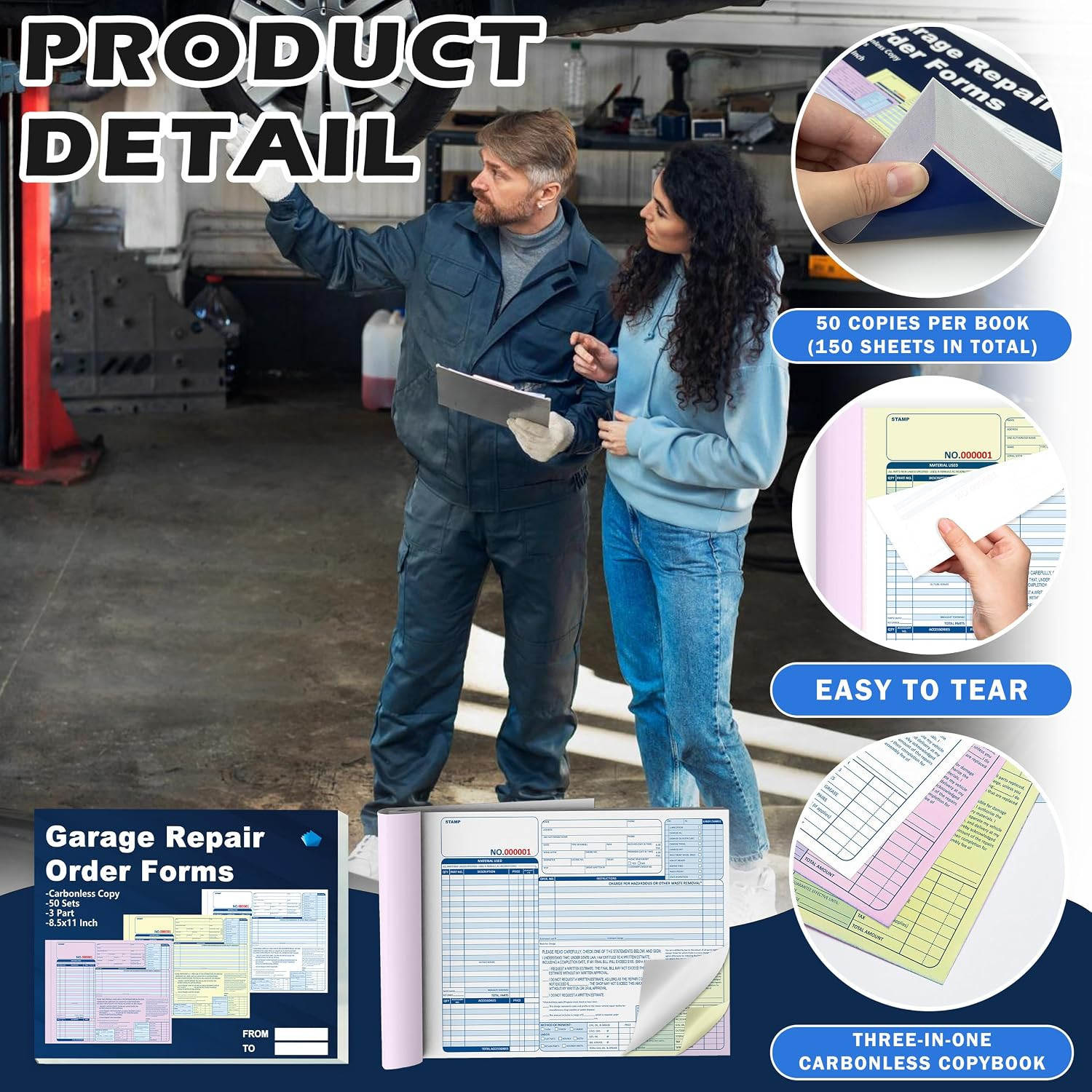 Auto Repair Order Forms 100 Sets 3 Part Carbonless 8.5×11 Sequential Numbered