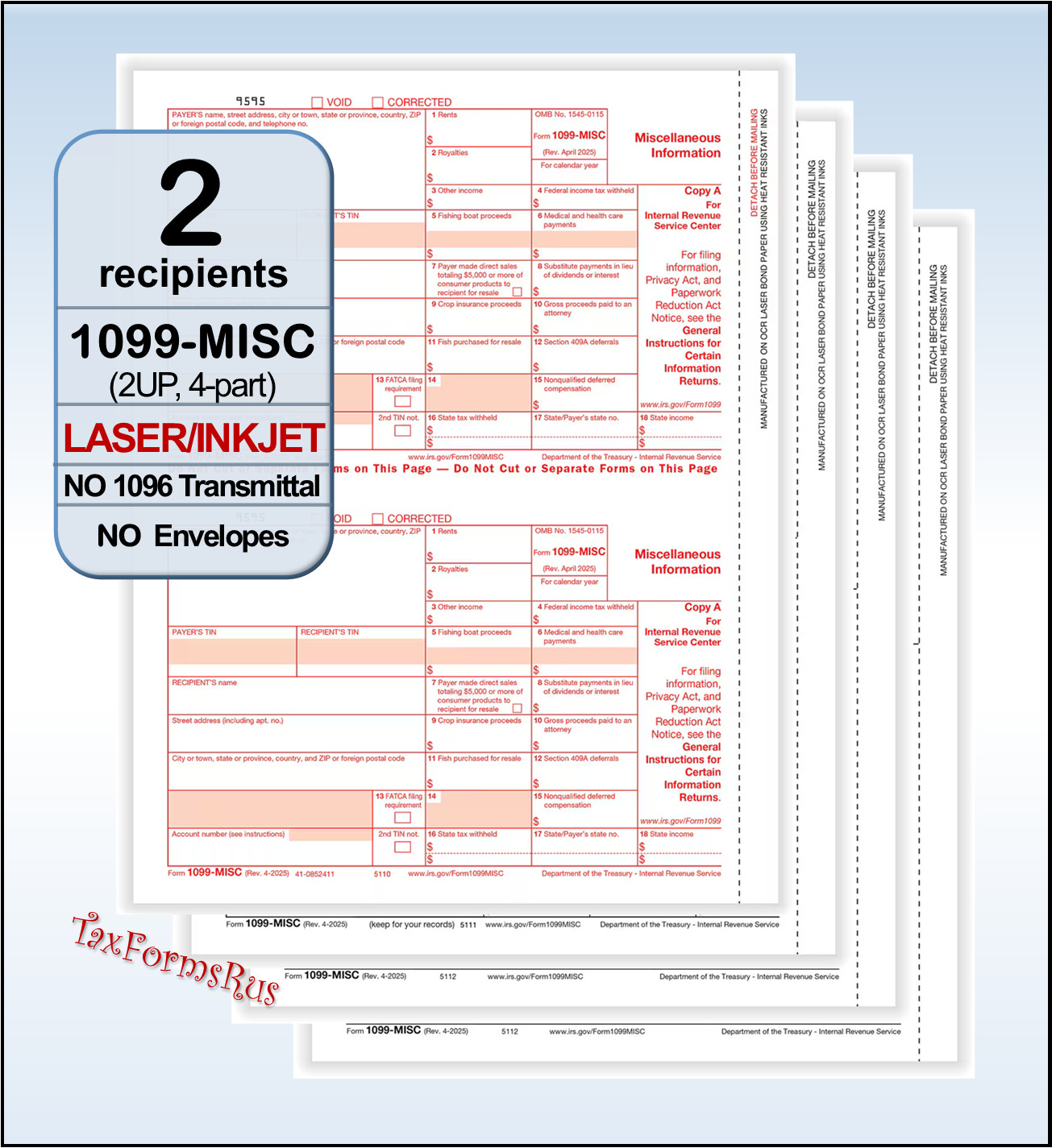 2025 IRS Tax Form 1099-MISC single sheet set LASER for 2 recipients 4-pt #TF6103