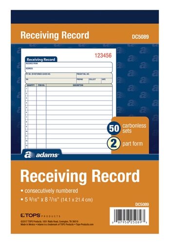 ABFDC5089 Receiving Record, 8-7/16″ x 5-9/16″, 2-Part Carbonless 12 Books
