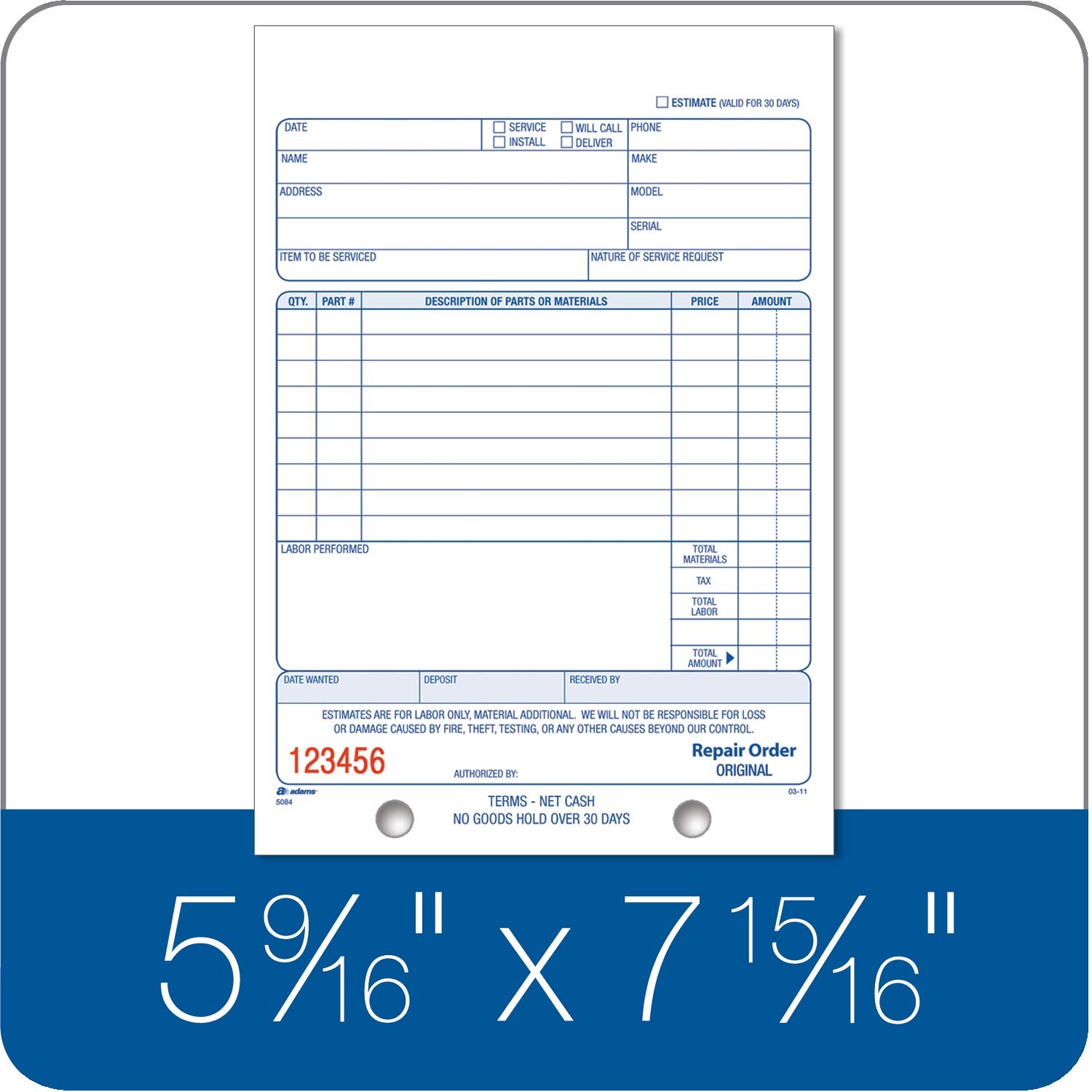 Repair Order Book 3 Part Carbonless Forms 50 Sets 5 9/16 x 8 7/16 Inch Professio
