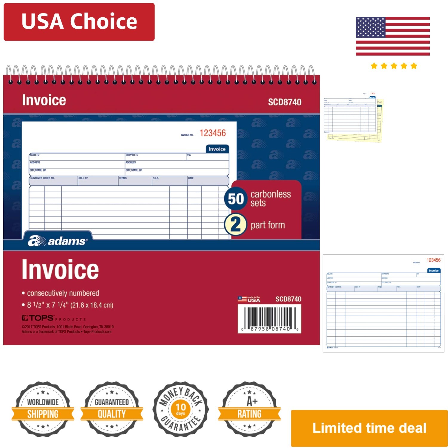 Spiral Invoice Book, 8 1/2 x 7 1/4 Inches, 2-Part, Carbonless, White/Canary, …