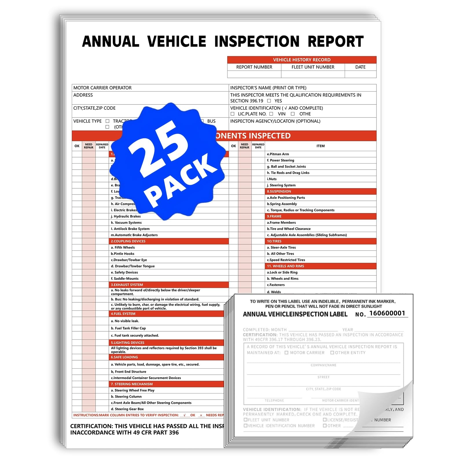 Annual Vehicle Inspection Report Form and Label, 25-Pack 3-Layer Vehicle Insp
