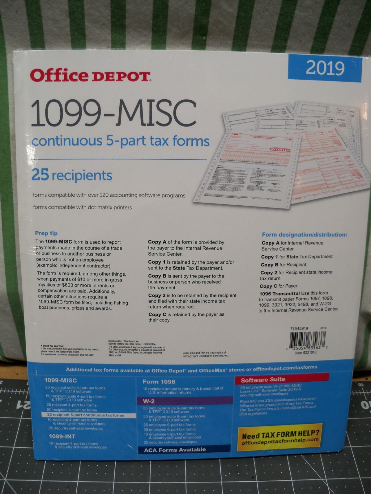 Office Depot 1099-Misc Continuous 5 Part Tax Forms 2019 25 Count USA Tax Staples