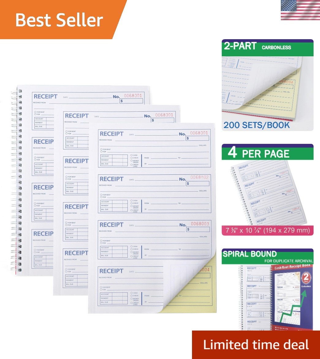3-Pack Carbonless Rent & Money Receipt Books with Spiral Binding for Easy Use