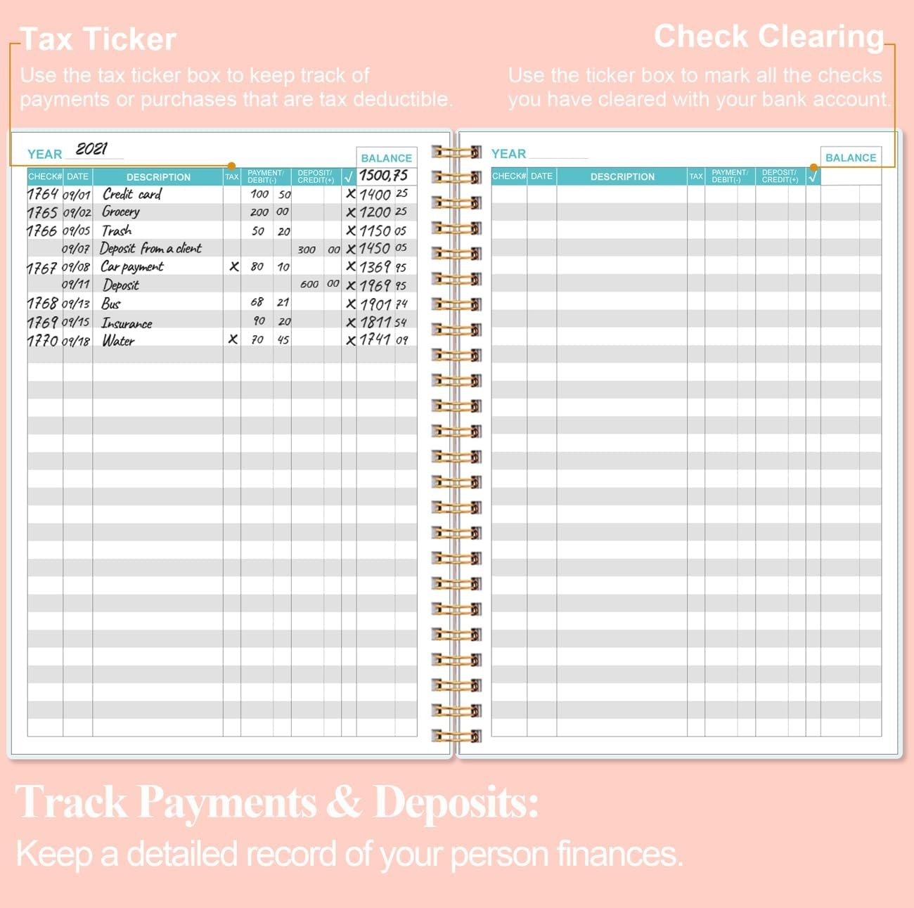 Check Register Checkbook Expense Ledger Book Personal and Small Business Pink