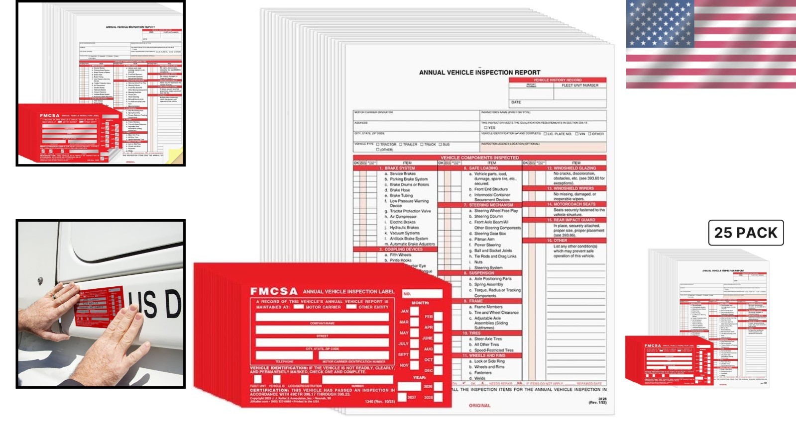 DOT Compliant 25-Pack Vehicle Inspection Forms & Red FMCSA Aluminum Stickers