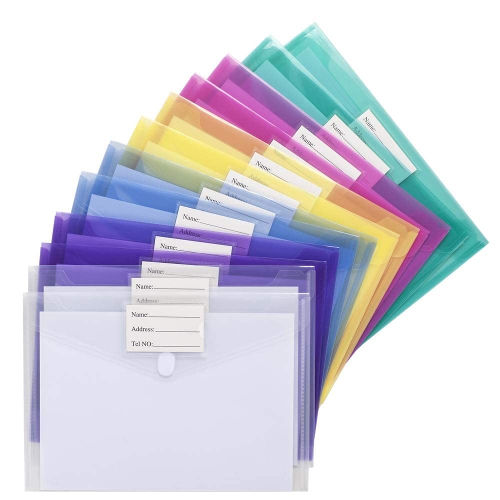 Sooez 24 Pack File Folders, Clear Poly Envelopes Plastic Multicolored