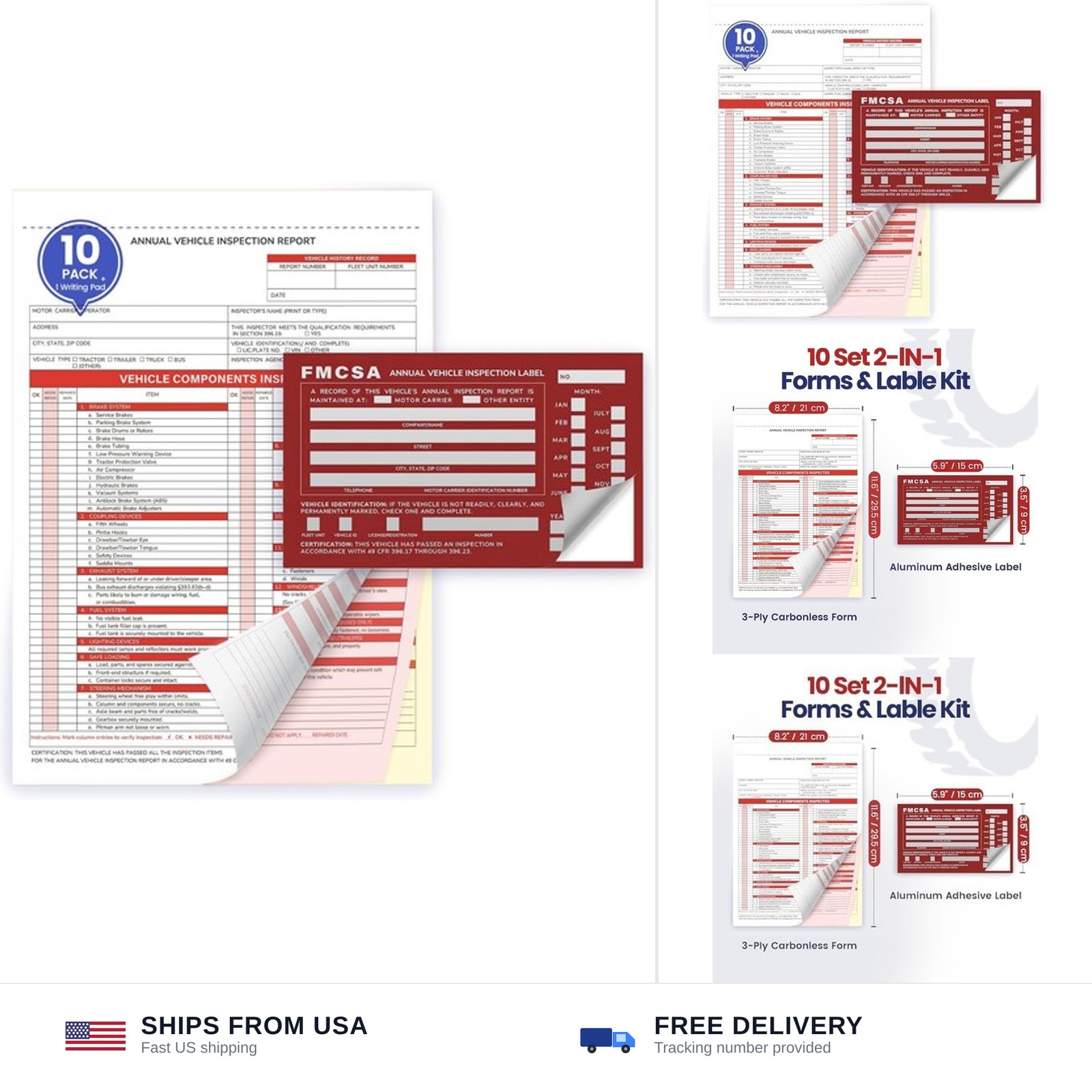 Annual Vehicle Inspection Record Kit – 3-Part NCR Forms (10 Sets) + High-Visi…