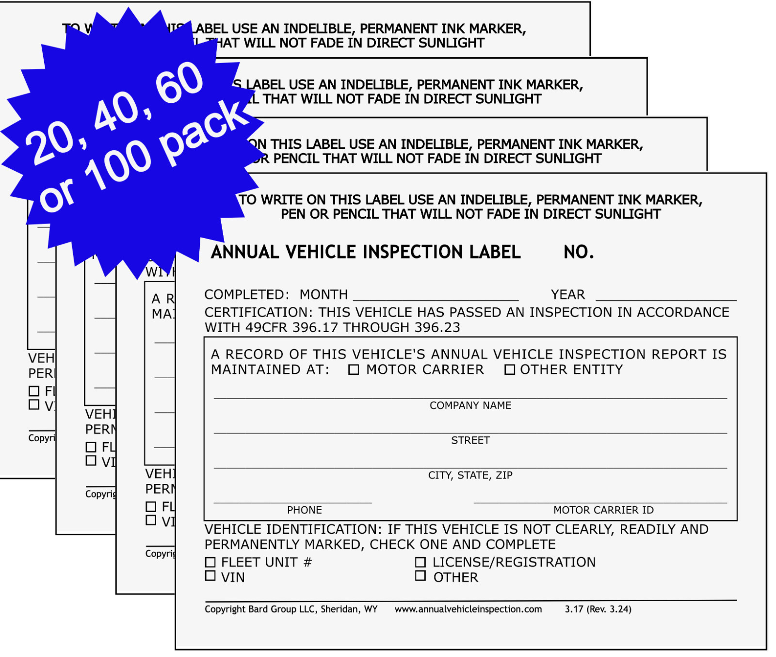 Annual Vehicle Inspection Label 2-Ply Laminated Sticker. 20, 40, 60 or 100 pack.