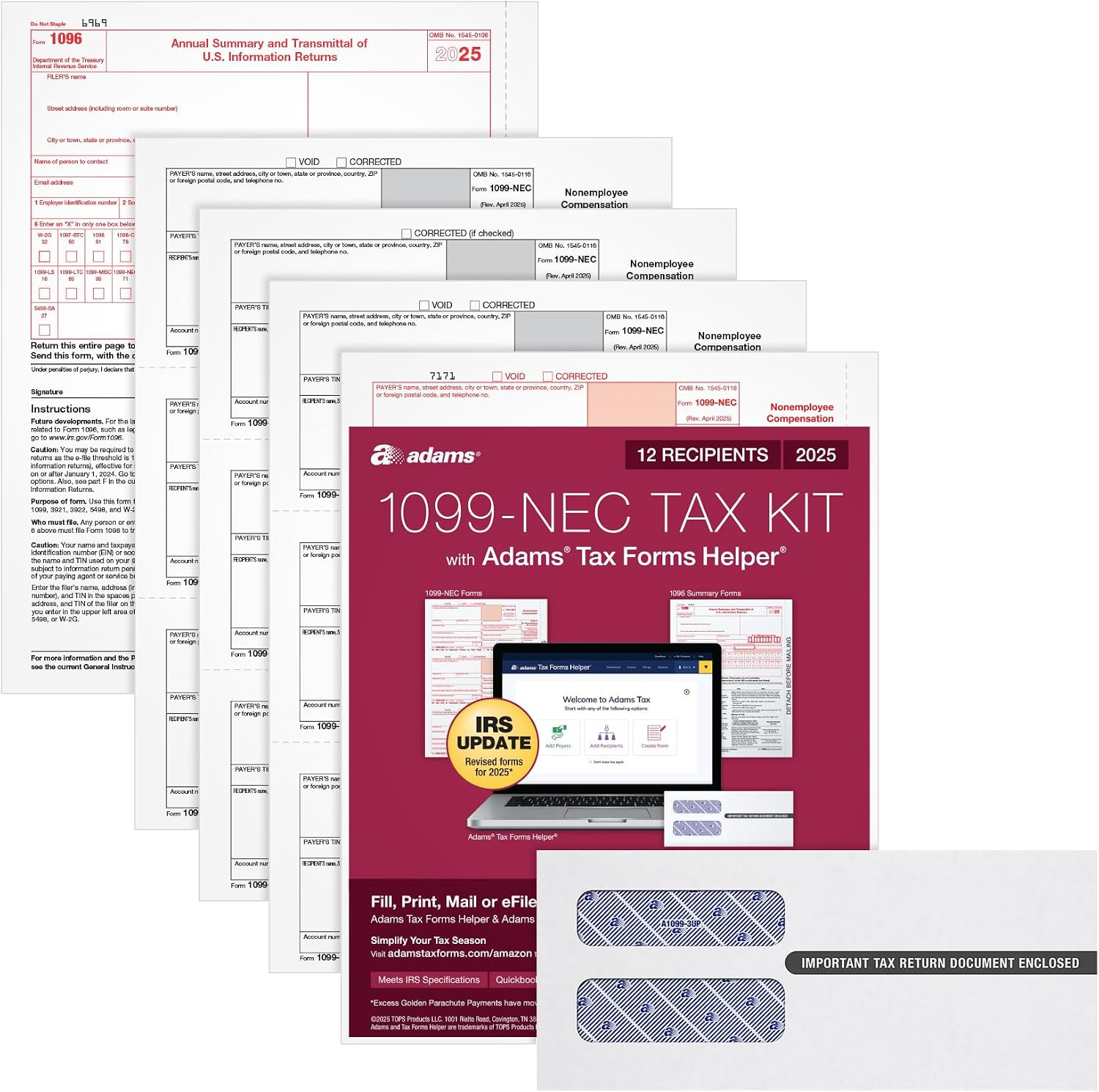 1099 NEC Forms 2025, 4-Part Kit for 12 Recipients, Includes 12 Envelopes