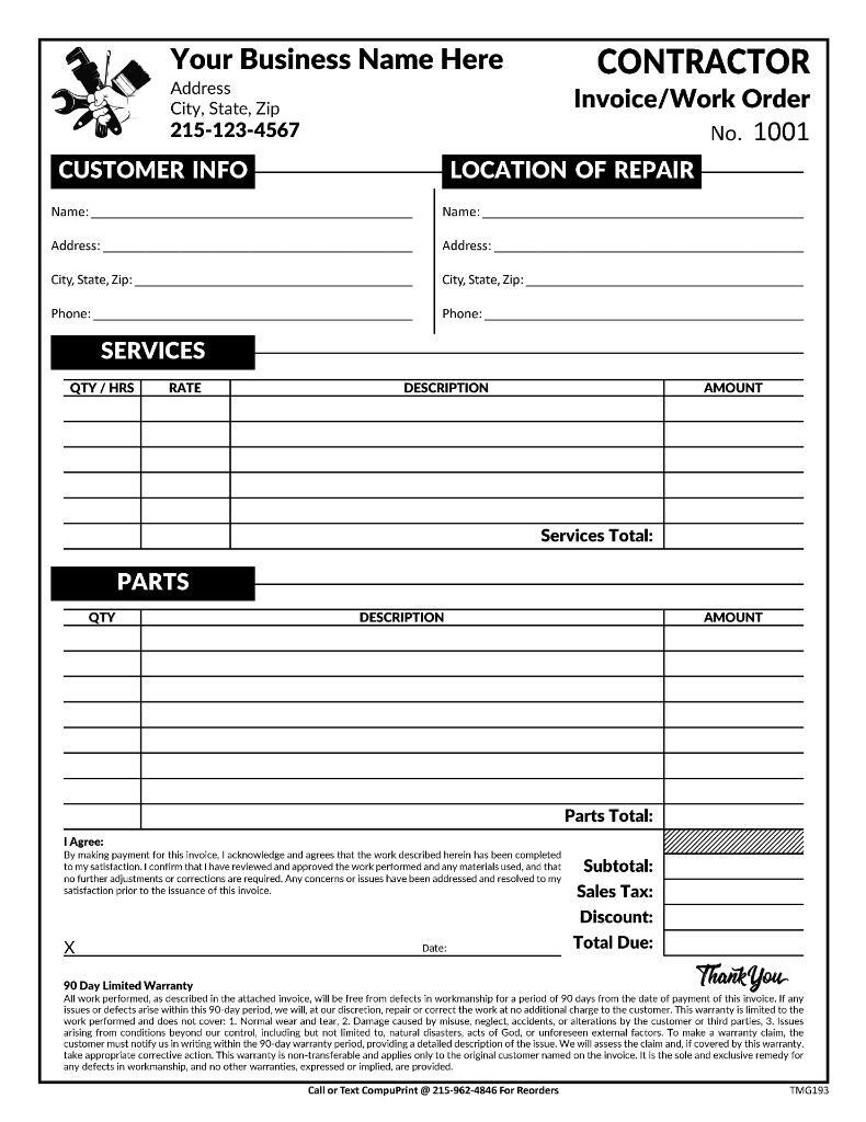 Custom Contractor Invoice Work Order Form / 8.5 x 11 / 2 or 3 Part / TMG193