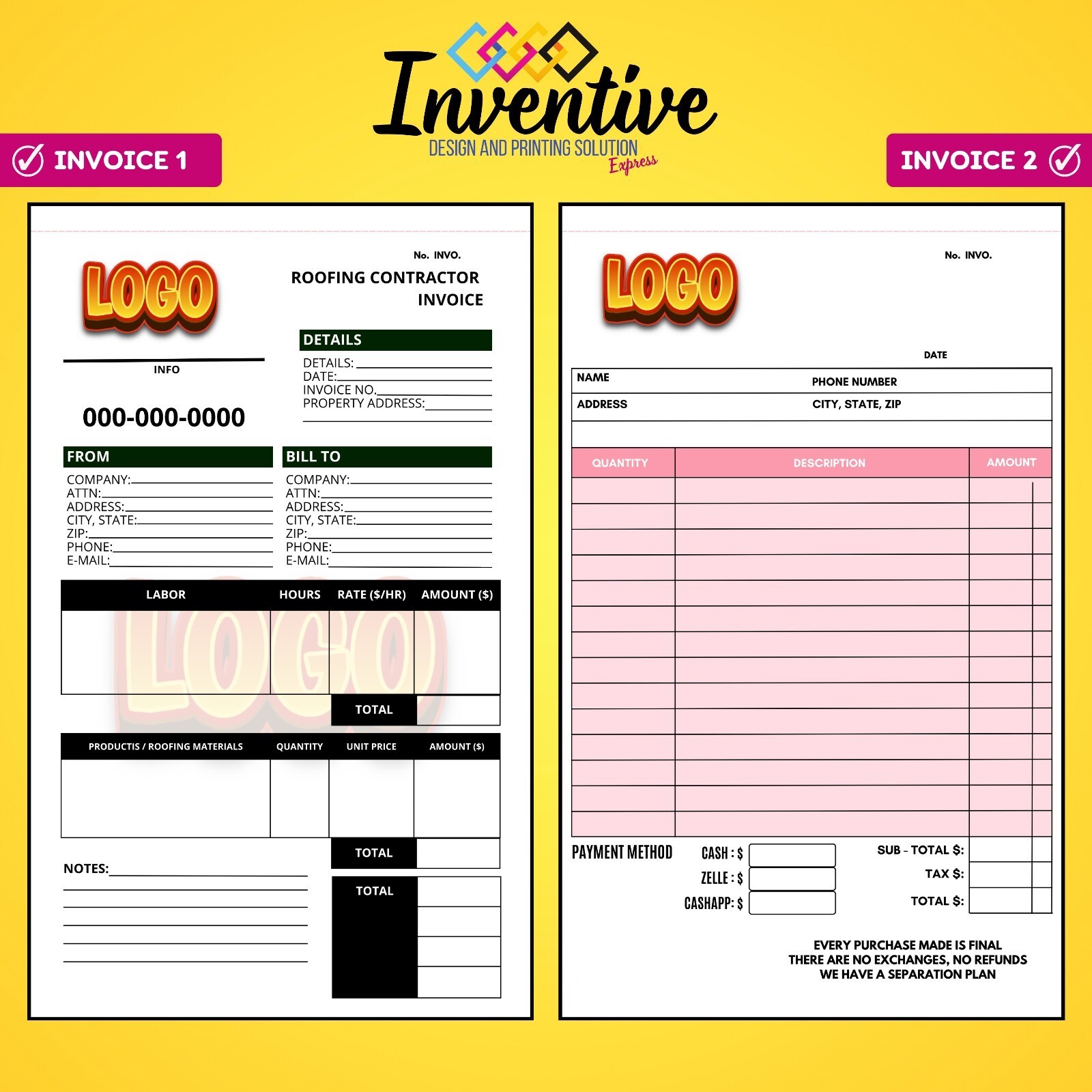 Custom sales notes/invoices for your business free design8.5×5.5″ passing paper.