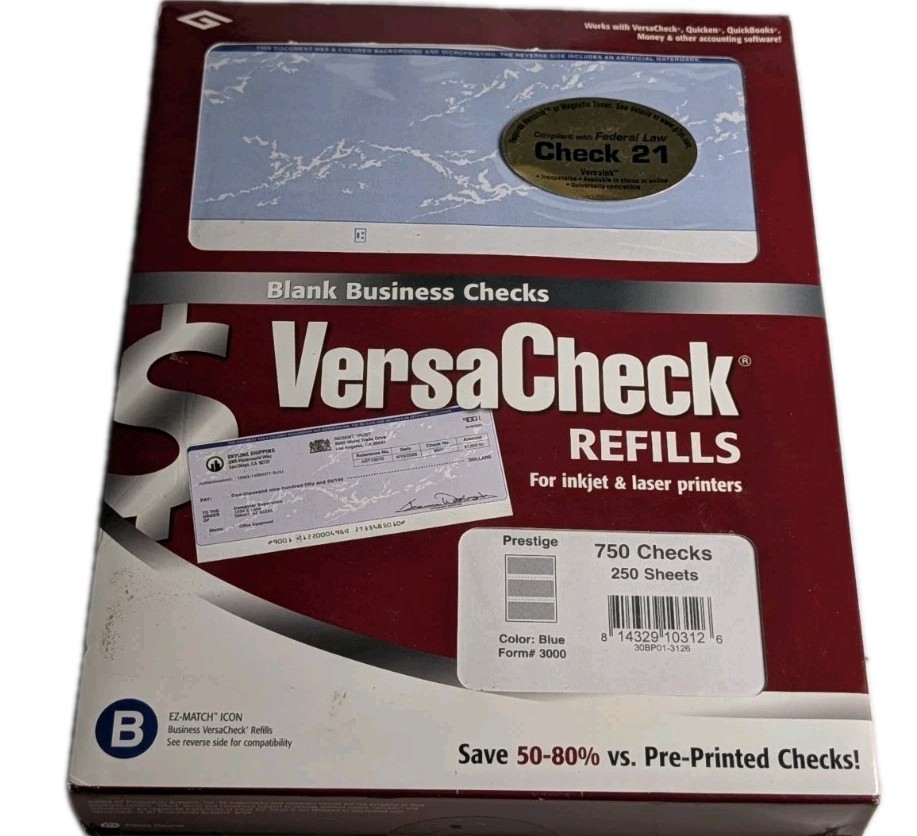 VersaCheck Blank Business Checks Refills Form 3000 Prestige 750 Checks 250 Sheet