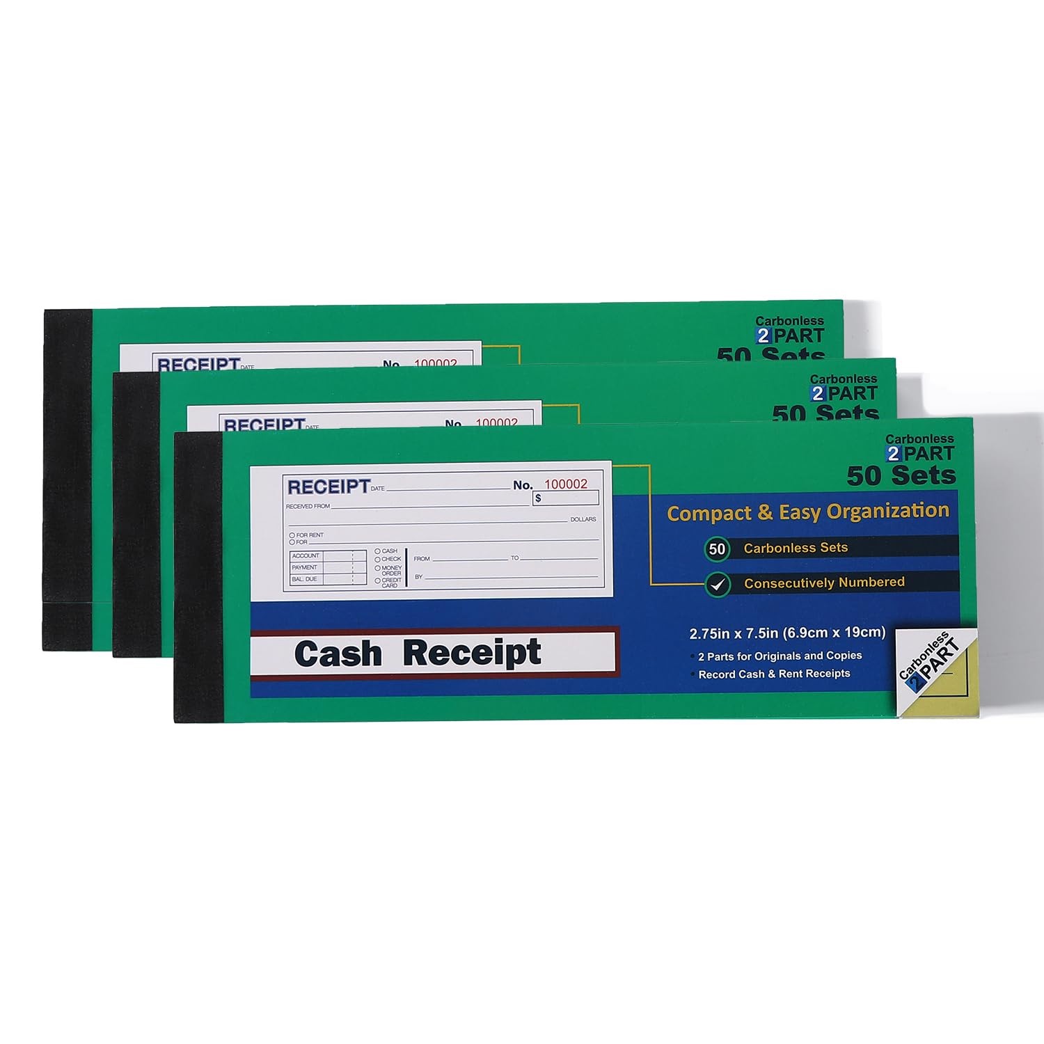 Money or Rent Receipt Book, 50 Sets 7 1/2″ x 2 3/4″ 2-Part Carbonless, White…