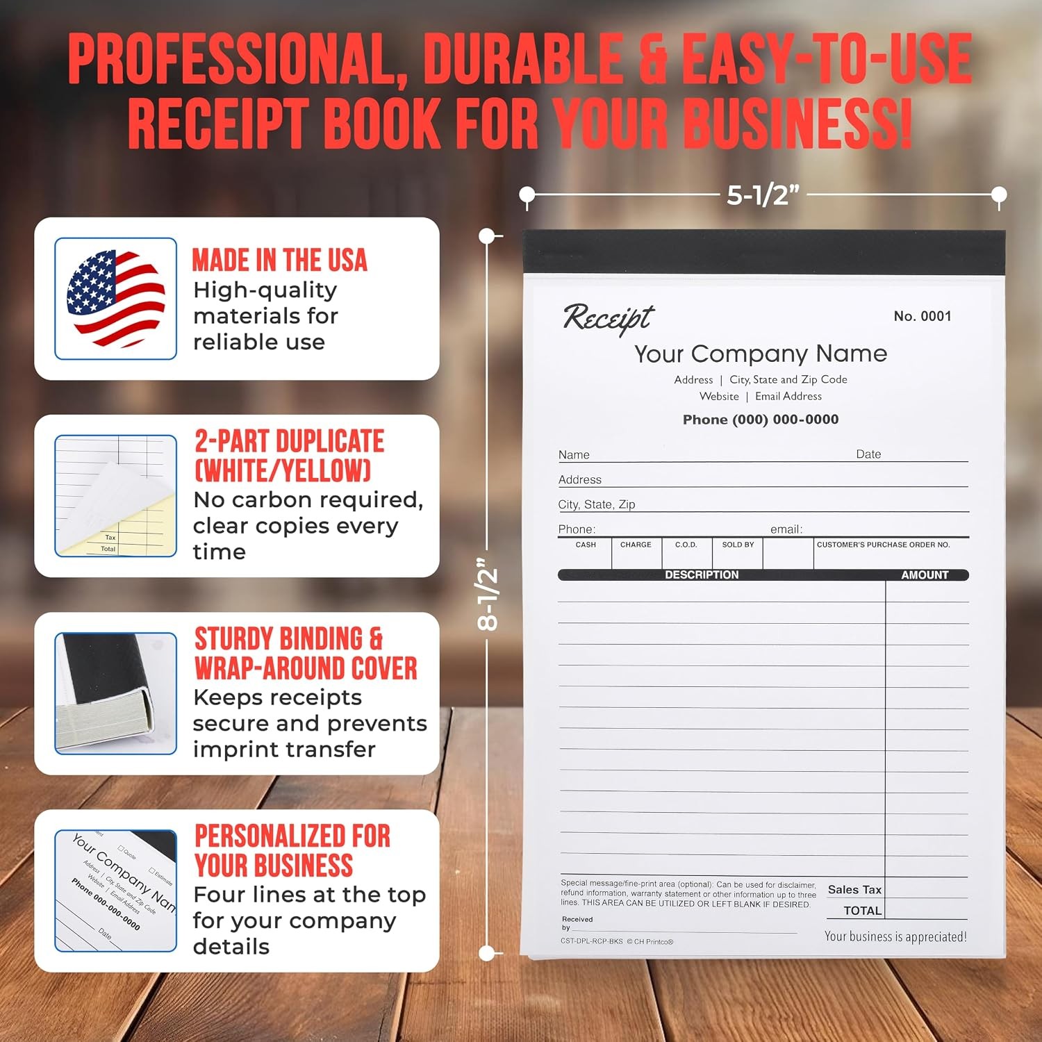 Custom Duplicate Receipt Books W/ Your Company Name. 2 Books 100 Sets Numbered.
