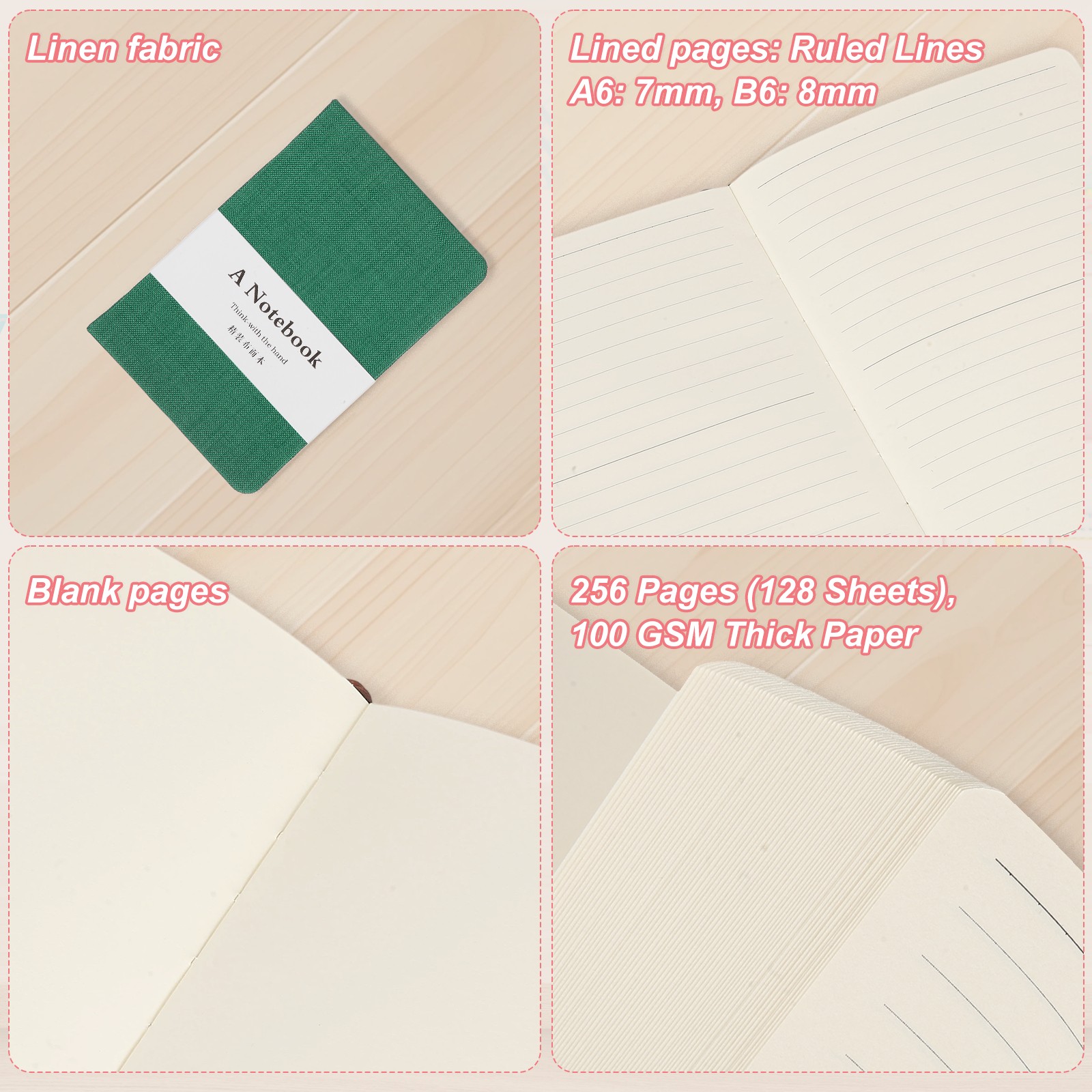 Linen Journal Notebook, 256 Pages 100 Gsm A6（3.9×5.7） Hardcover (MountainGreen)