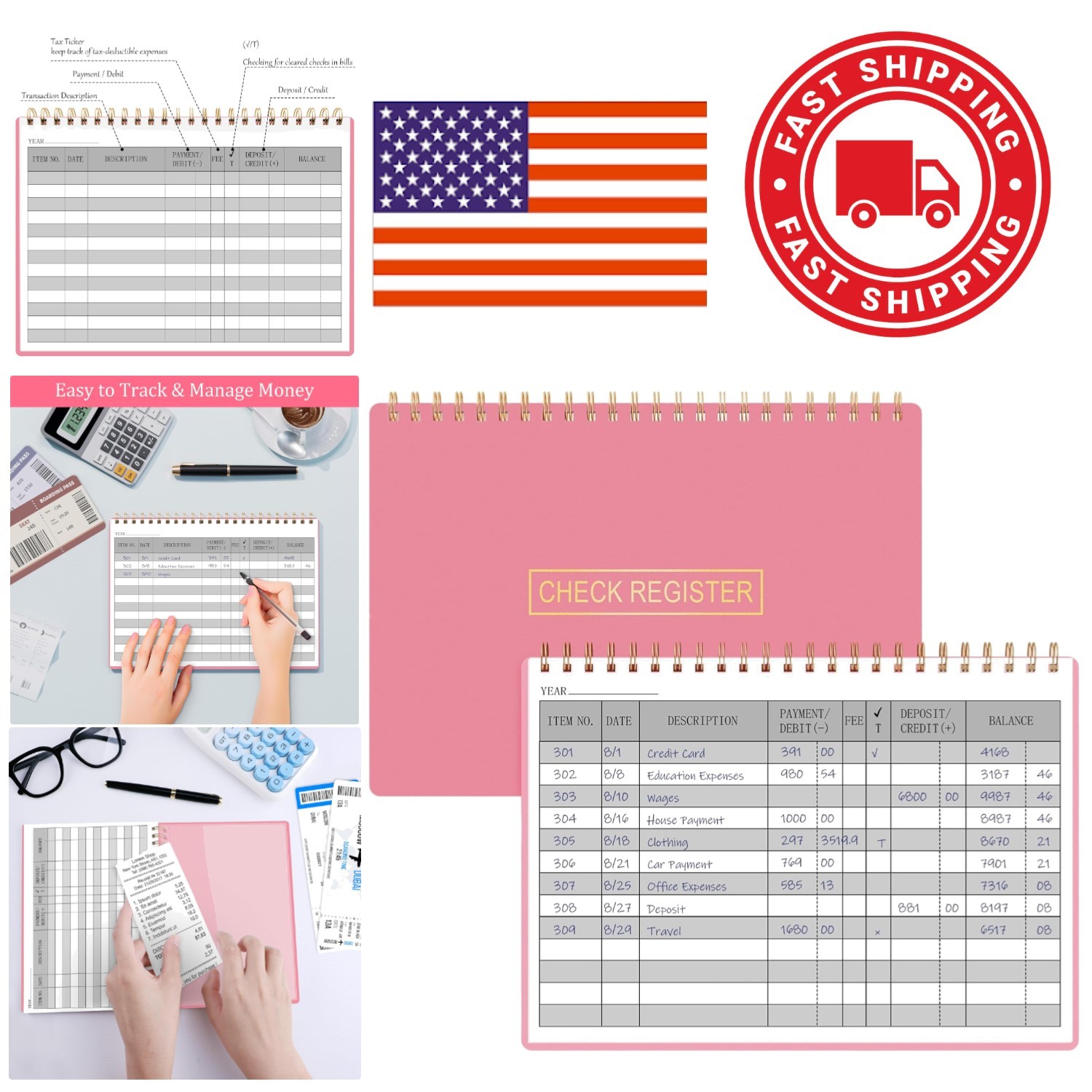 Financial Tracker Check Register Pink 100 Pages with Calendar and Receipt Pocket