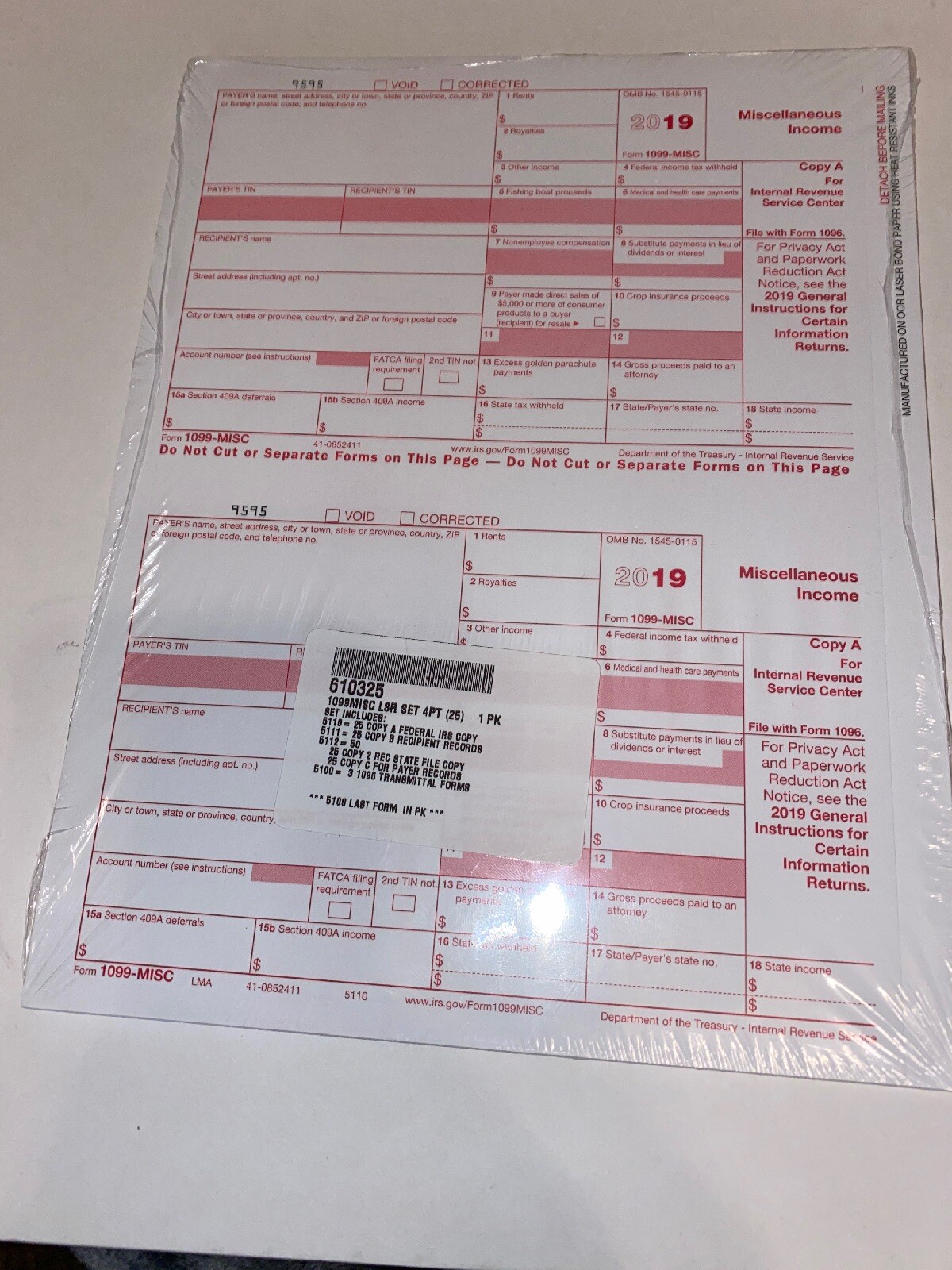 2019 IRS TAX FORMS KIT 1099-MISC Laser 4 Part Kit 25 Recipients 3 1096 Transmit